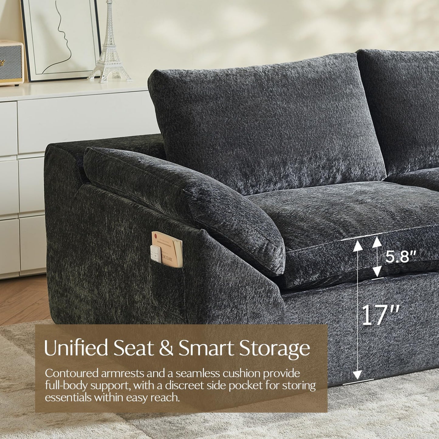 Vamcheer U Shaped Cloud Couch - Utra Soft Modular Sectional Sofa with 2 Movable Ottoman, Deep Seat Boneless Couches for Living Room, Bedroom, Office, No Assembly Required, Grey