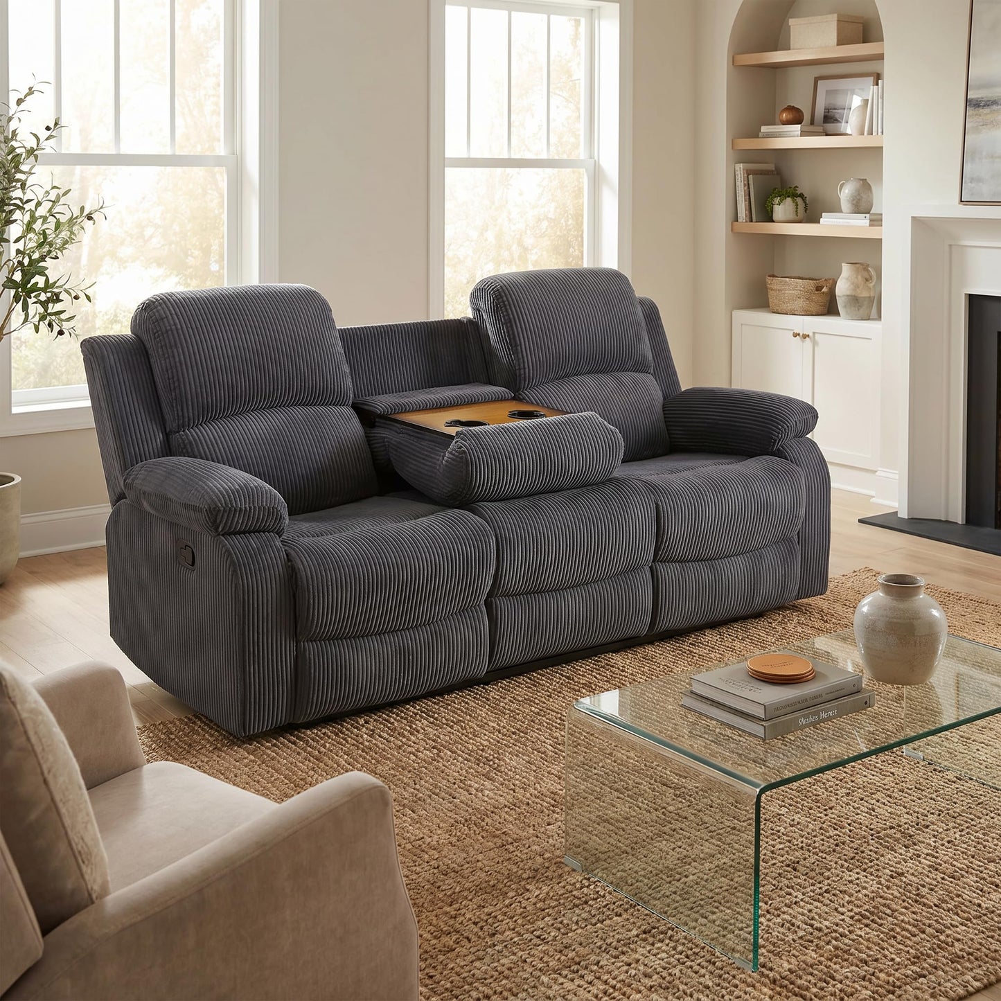 Trygoal Corduroy Power Recliner Sofa Set, Corduroy Recliner Couch Sets with Multi Angle Reclining, 3 Piece Sectional Sofa with USB Charging Port for Home Theater, Living Room, Office, Dark Gray
