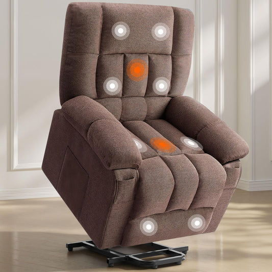 Sweetcrispy Power Lift Recliner Chair with Vibration Massage and Heat for Adults, Ergonomic Overstuffed Breathable Fabric Reclining Chair with Side Pockets, Remote Control, Living Room, Bedroom, Brown