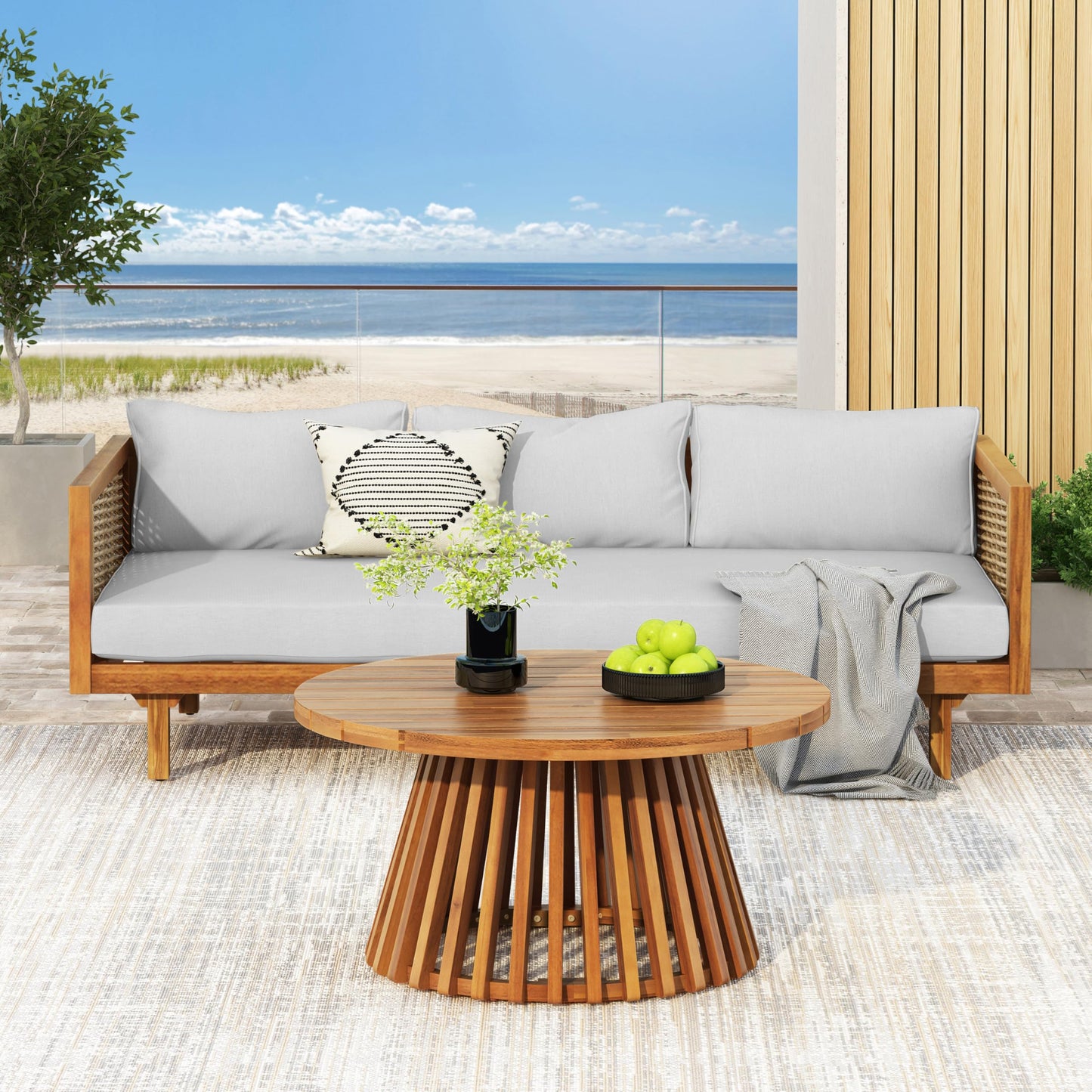 Christopher Knight Home Claremont Patio Sofa and Coffee Table Set, 2 Piece Wicker Patio Furniture Set, Acacia Wood 3 Seater Outdoor Sofa Daybed and Coffee Table Set, Teak+Light Grey