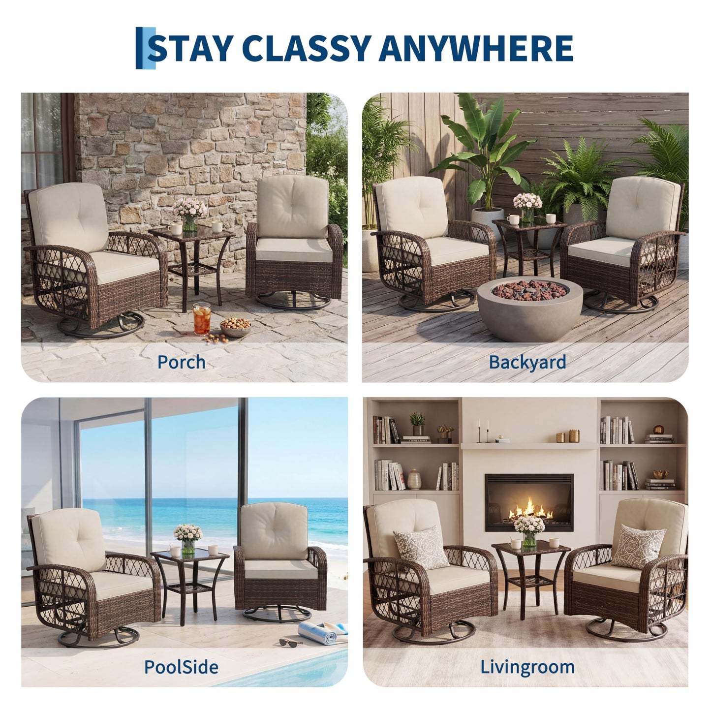 3 Pieces Patio Furniture Set, Outdoor Swivel Glider Rocker Set w/Washable Cushion and Tempered Glass Tabletop, Conversation Furniture for Deck Porch Balcony Backyard Garden,Brown & Beige