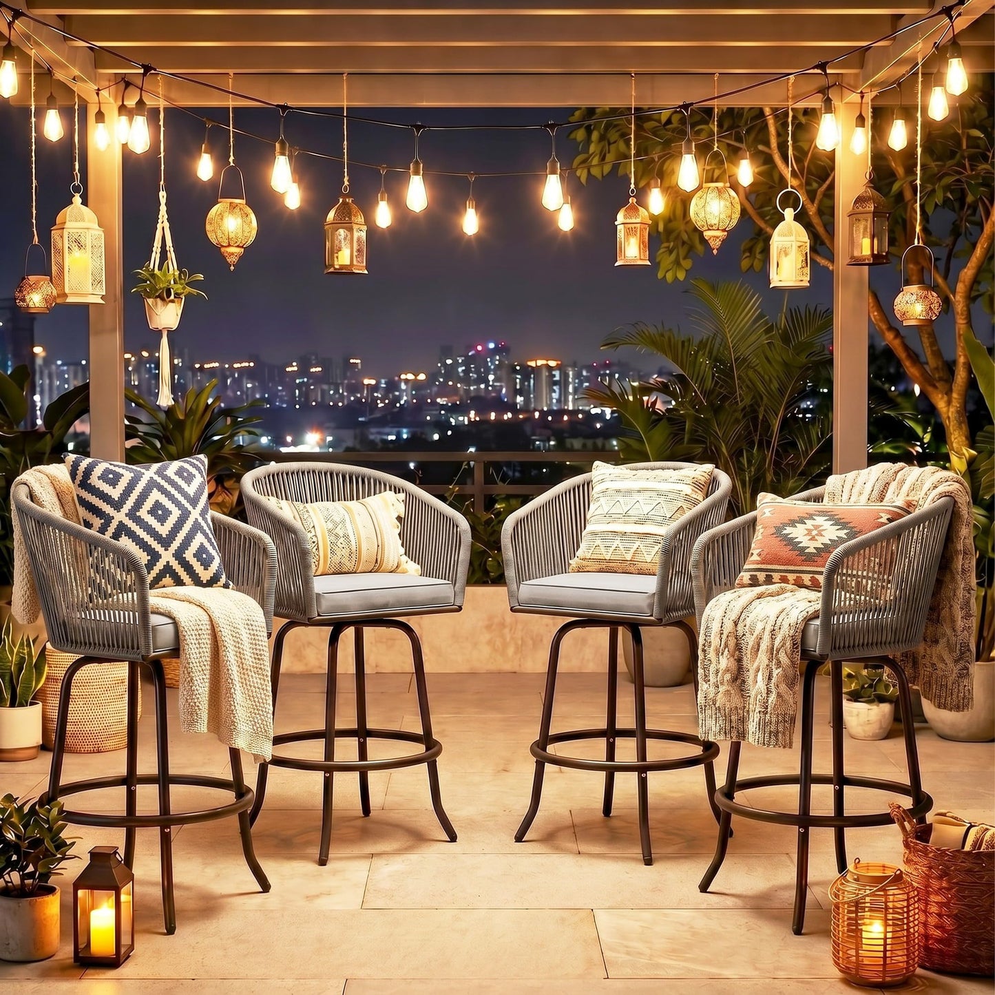 YITAHOME 27" Bar Stools Set of 4 with Arms & Cushions, 360° Swivel Outdoor Bar Stools, All Weather Counter Height Bar Stools Set of 4 with Curved Back for Backyard, Kitchen Island, Dining Room, Gray