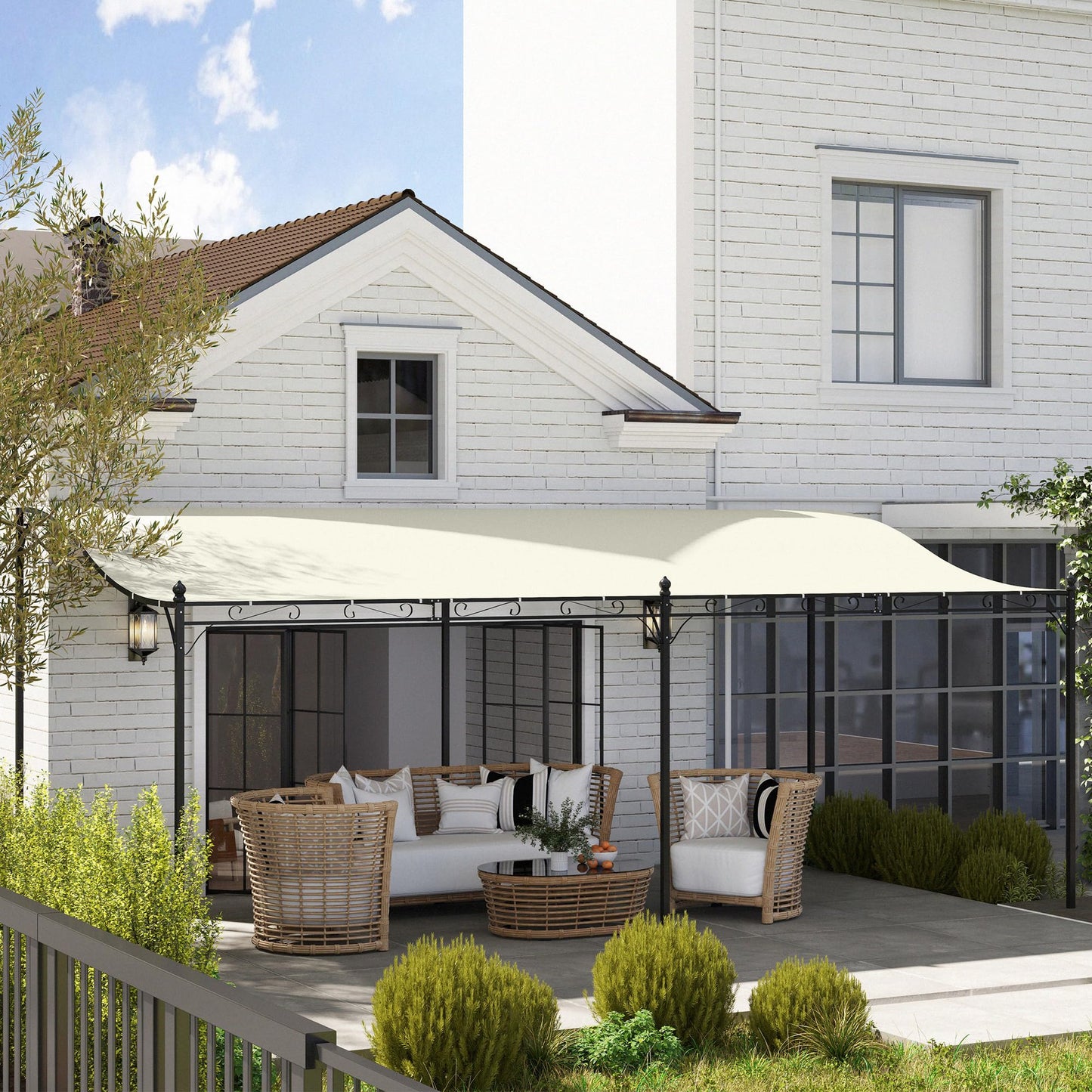 Outsunny 10' x 20' Outdoor Pergola Canopy, Wall-Mounted Metal Patio Canopy with Weather-Resistant Fabric and Drainage Holes for Backyard Garden Porch Beach, Cream White