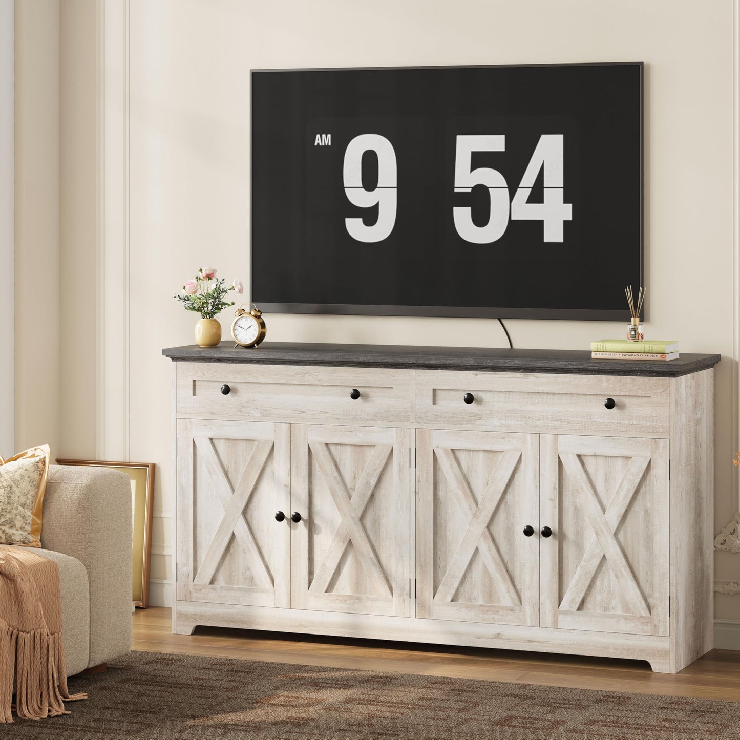 IRONCK Buffet Cabinet with Storage, Sideboard Storage Cabinet with Drawers, Coffee Bar Cabinet, Kitchen Cabinet with Doors, Charcoal Grey and Beige Maple