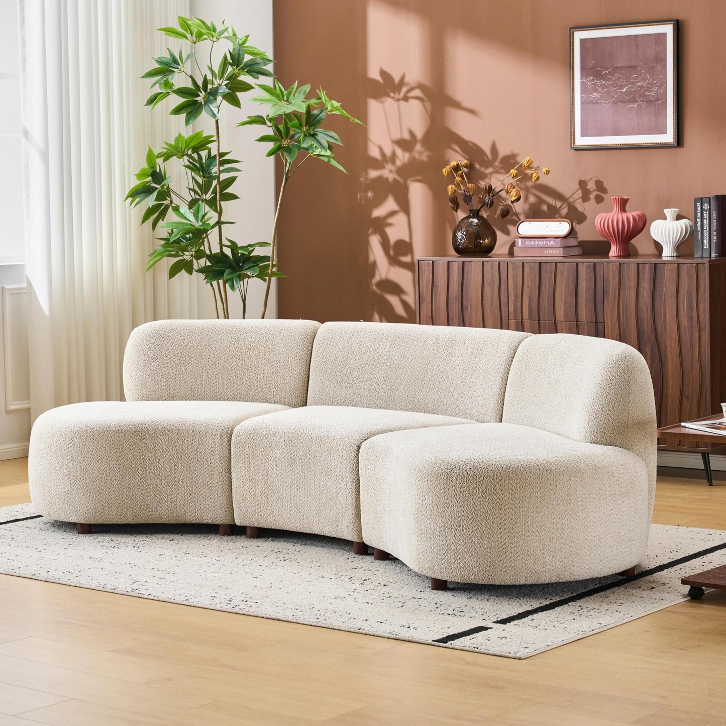 Merax 100.7" Curved Cloud Sectional Sofa Set, 5-Seat Modern Boucle Couch with Wooden Frame, Comfy Curved Cloud Couch for Living Room, Cozy Leisure Upholstered Couches, Easy Assembly, Beige