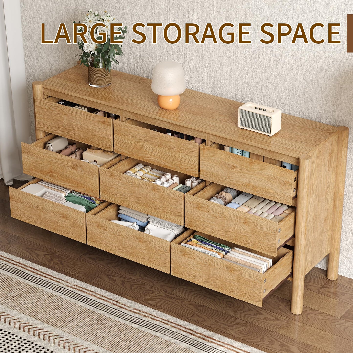 CHUWELL 63" Wide Oak Dresser for Bedroom, Mid Century Modern 9 Drawer Chest of Drawers with Hidden Handles & 4 Solid Wood Cylindrical Legs, Large Wood Storage Dresser for Bedroom