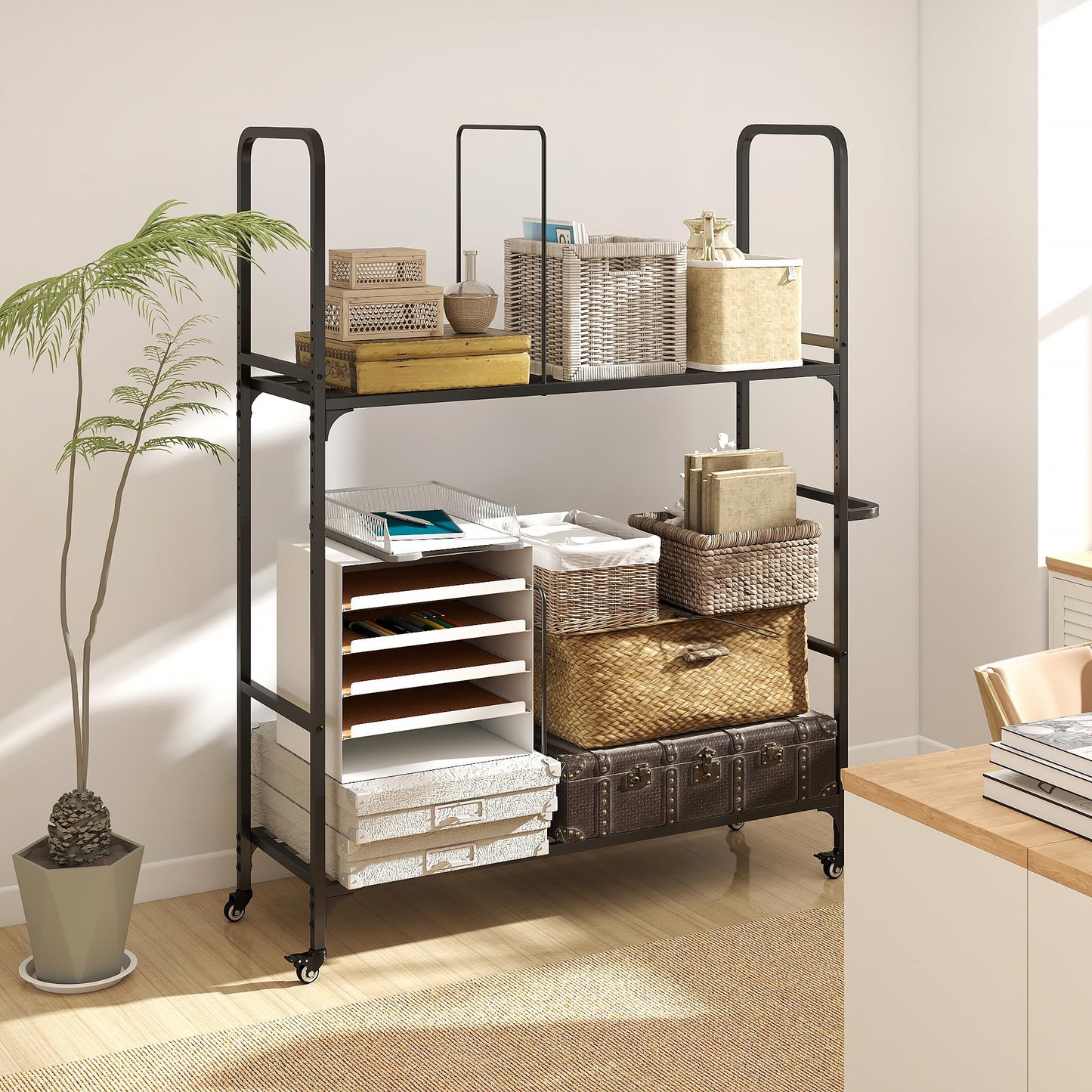 2-Tier Carton Stand, Metal Cardboard Box Organizer, Rolling Cardboard Box Stand, Heavy Duty Carton Storage Cart with Dividers, Shipping Boxes Cart with Wheels for Commercial Home Supermarket Warehouse
