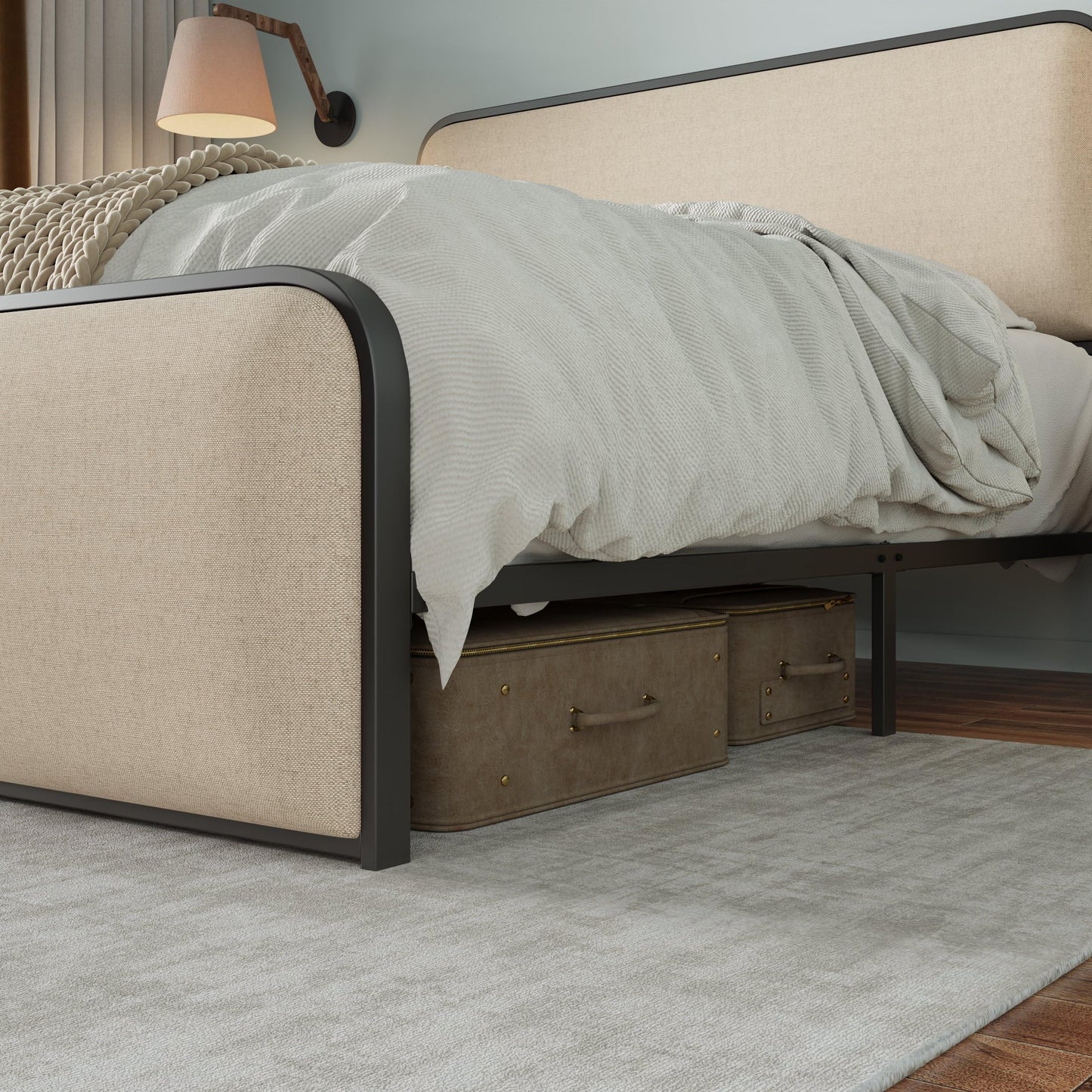 Merax Metal Platform Bed Queen Size with Curved Upholstered Headboard and Footboard, Queen Bed Frame with 8" Storage Space Under Bed, Heavy Duty Metal Slats, No Box Spring Needed, Easy Assembly, Beige
