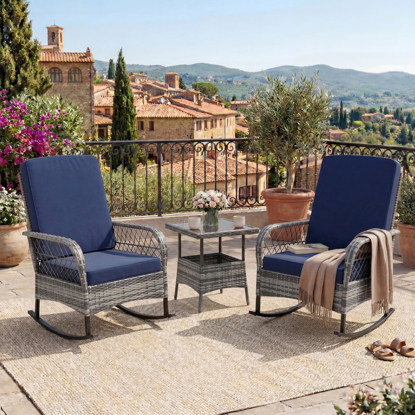GarveeHome 3-Piece Outdoor Rocking Chair Set, Wicker Rattan Patio Furniture with Glass-Top Coffee Table, Modern Conversation Seating with Cushions for Porch, Backyard (Gary Rattan & Blue Cushion)