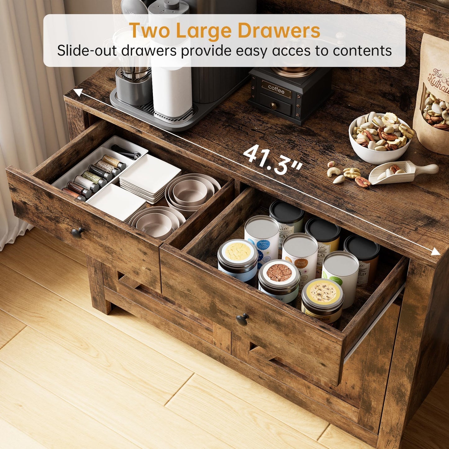 IDEALHOUSE 63" Kitchen Pantry Cabinet with Drawers, Hutch Cabinet with Storage, Microwave Stand, Adjustable Shelves, Freestanding Tall Pantry Storage for Dining Room, Living Room, Rustic Brown