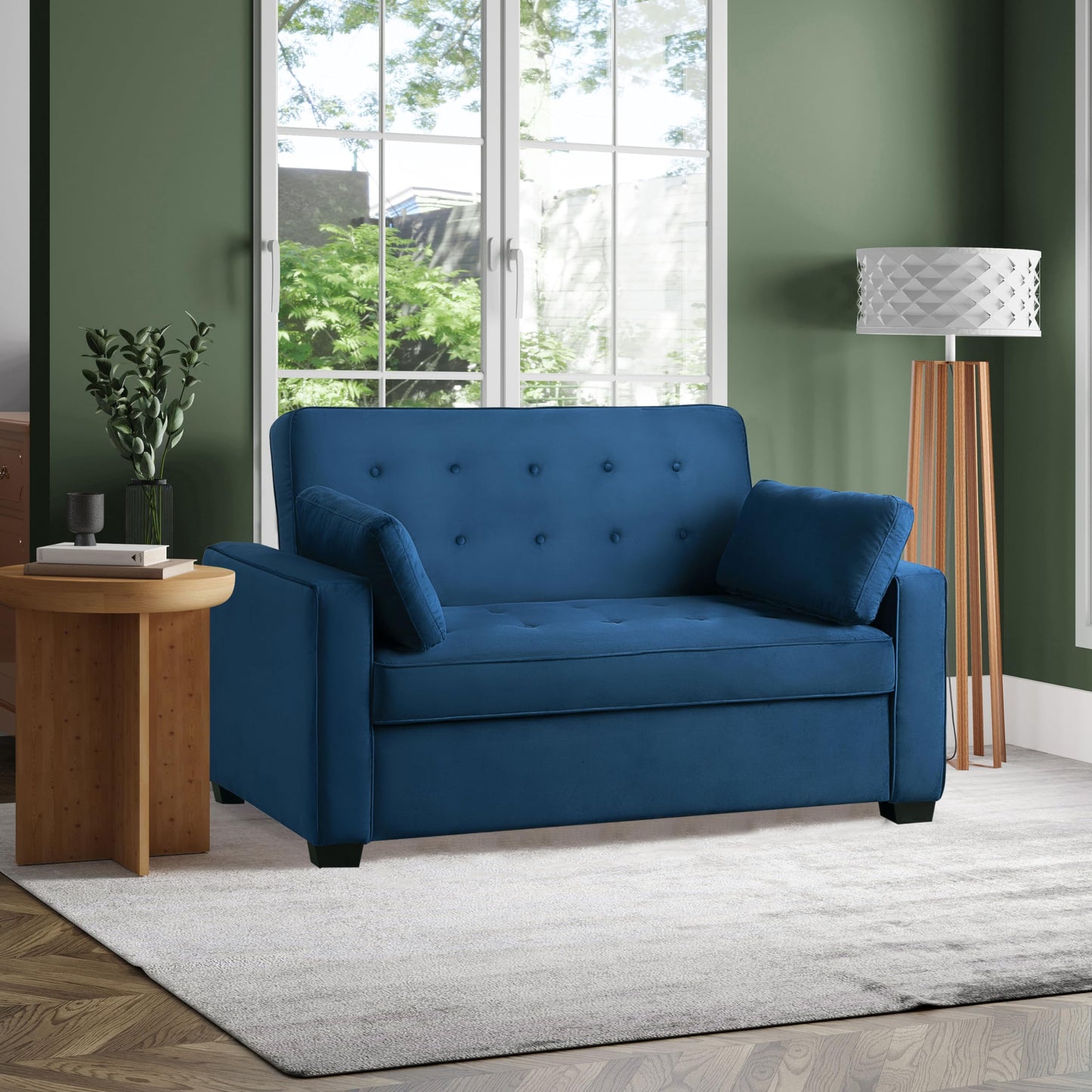Serta Ainsley 66.5" Convertible Sleeper Loveseat, Full Size, Dreamcoil Comfort, Soft Velvet Fabric, Navy