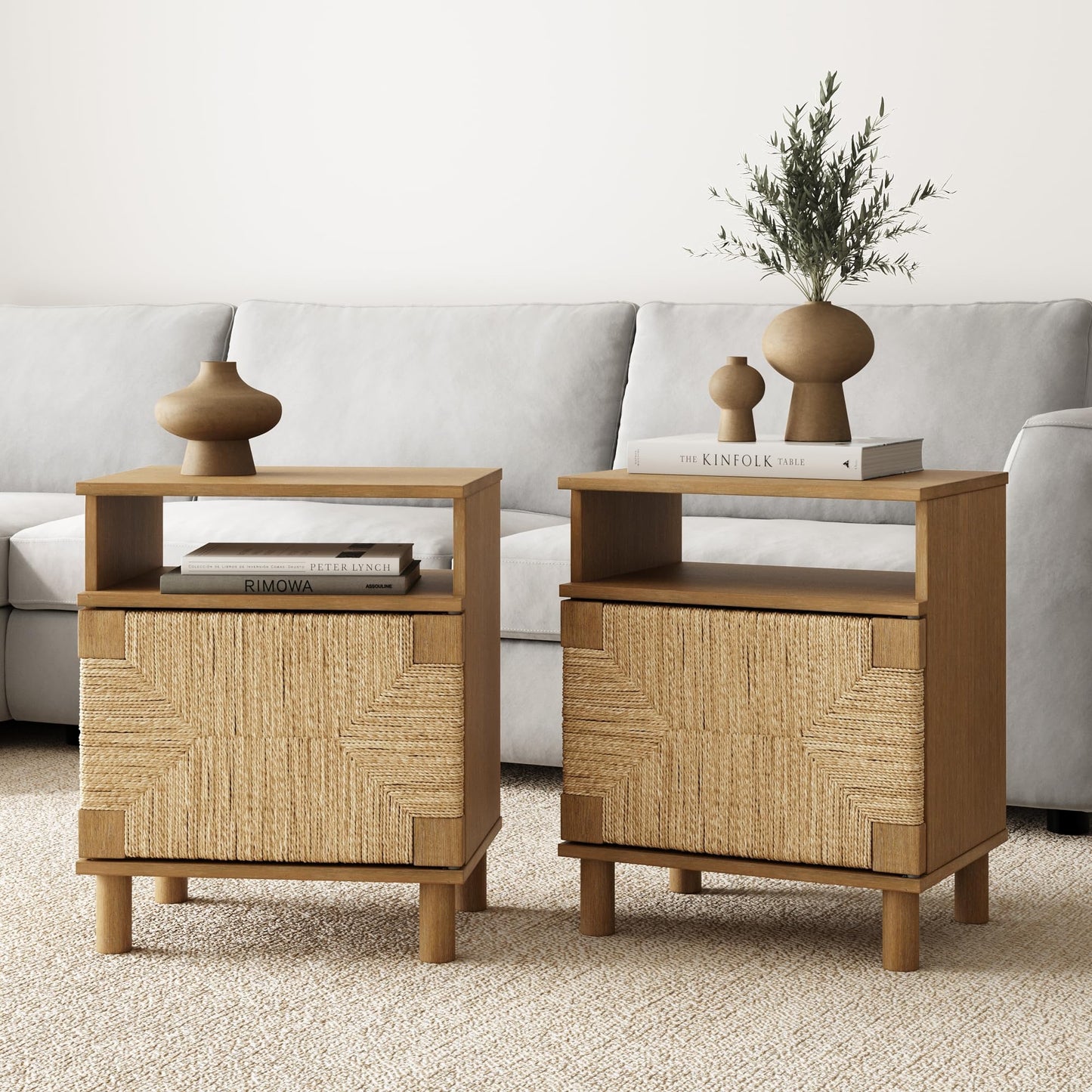 Nathan James Beacon Wood Nightstand, Bohemian Accent Table or Sofa Side Table with Seagrass Door for Bedroom or Living Room, Light Brown, Set of 2