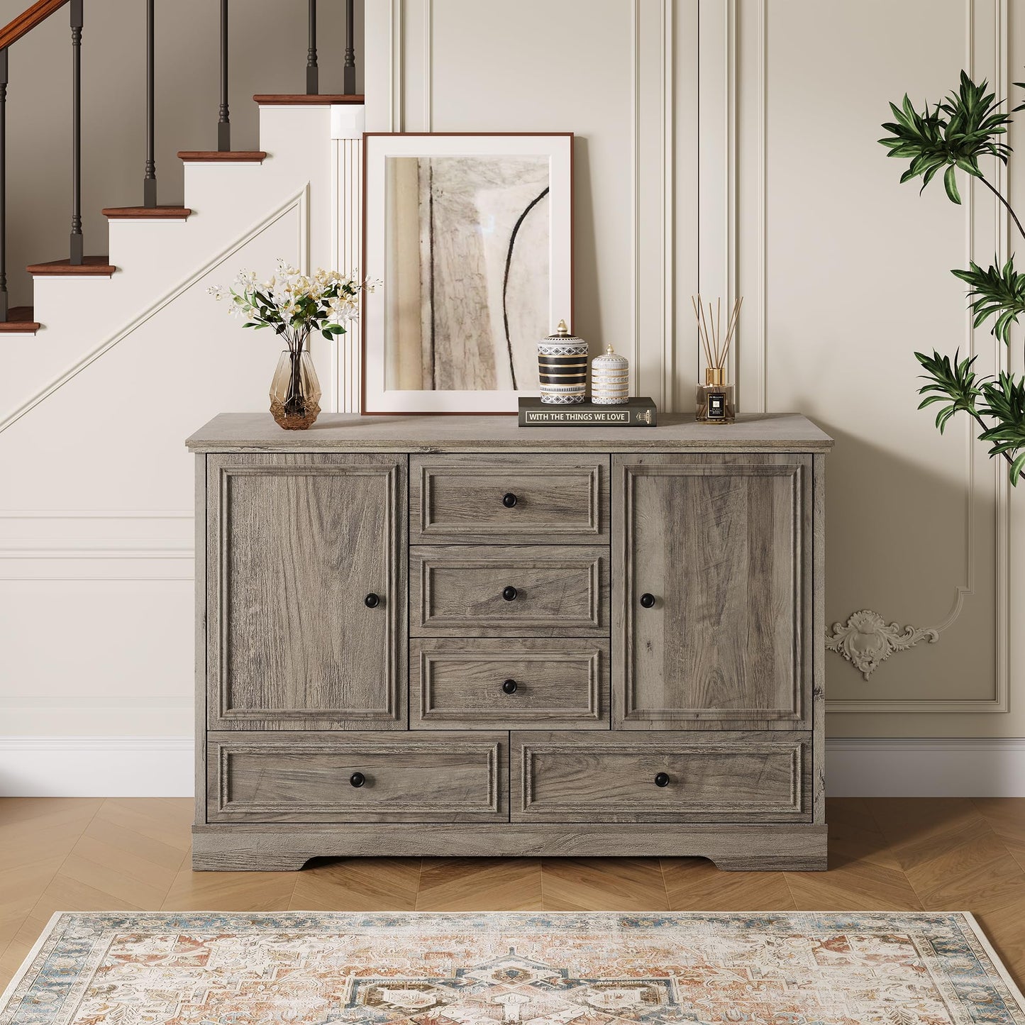 Garvee Farmhouse Sideboard Buffet Cabinet with 5 Drawers and 2 Doors, 47" Kitchen Storage Cabinet, Wood Coffee Bar Cabinet with Adjustable Shelves for Dining Room Living Room, Grey