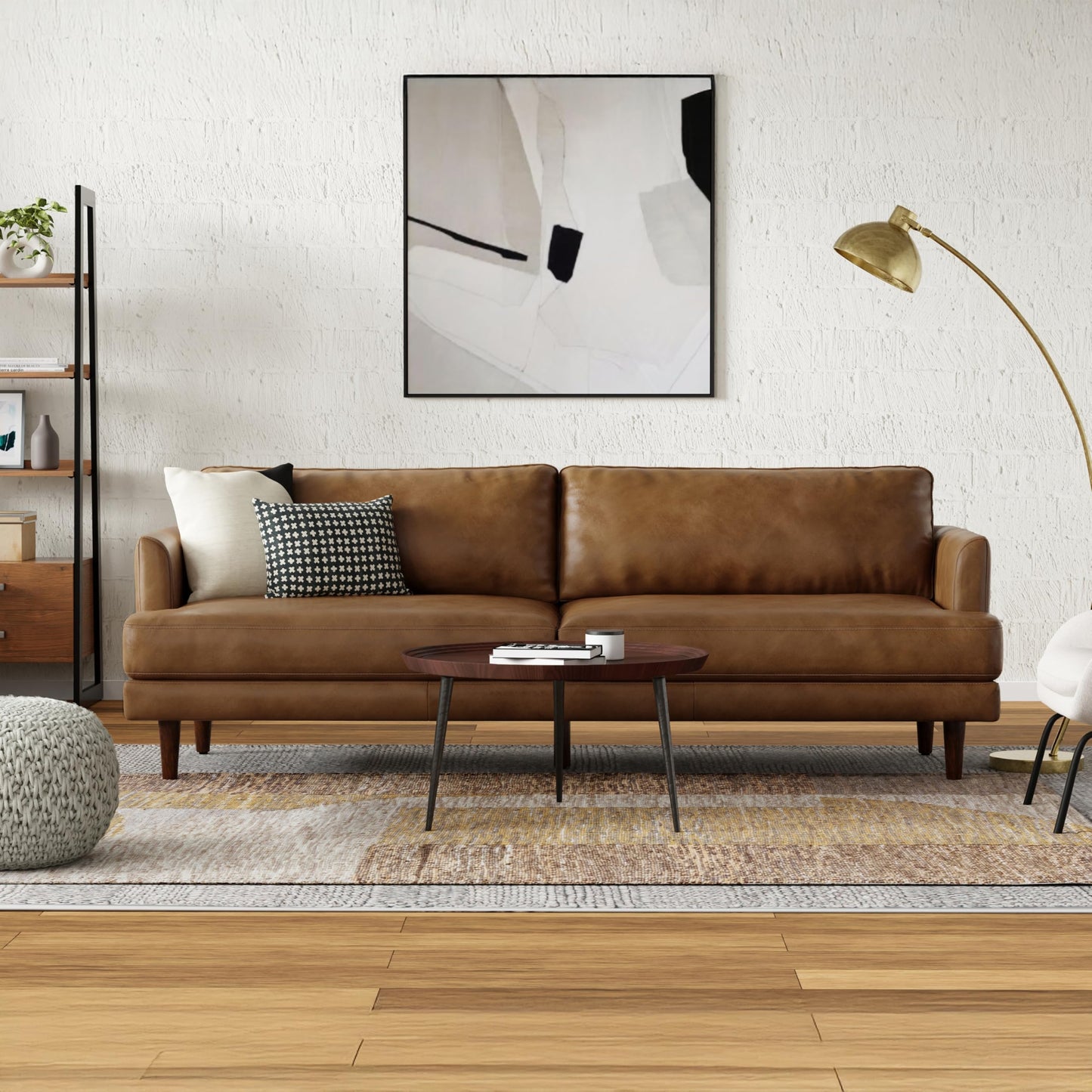 SIMPLIHOME Livingston Sofa - 90 inch Wide Top Grain Genuine Leather Sofa in Caramel Brown, Mid-Century Modern 3-Seater Couch for Living Room with Feather-Wrapped Cushions and Solid Wood Frame