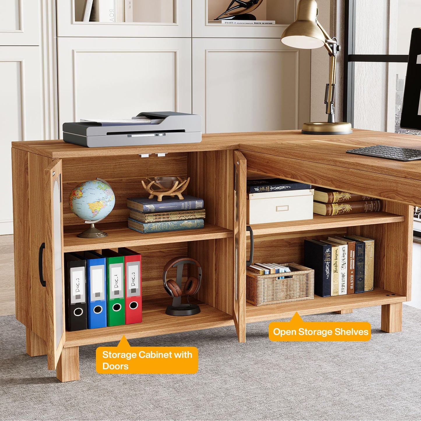 Tribesigns 59-Inch L-Shaped Desk with File Cabinet & Shelves, Brown