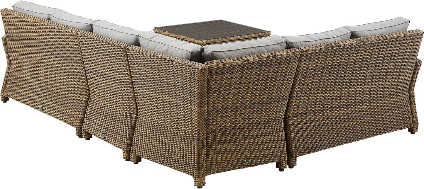 Crosley Furniture Bradenton 5-Piece Outdoor Sectional Sofa Wicker Conversation Patio Furniture Set for Deck, Brown with Gray Cushions