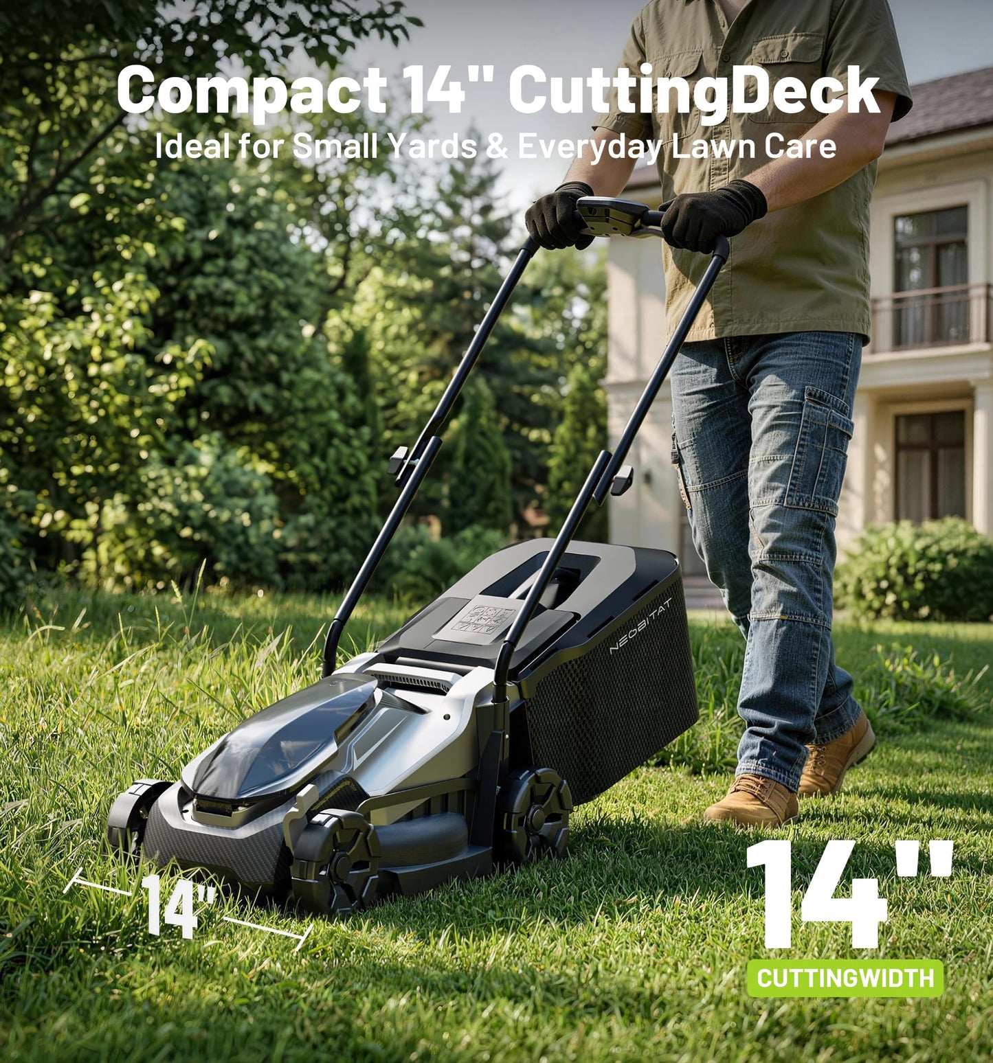Neobitat 40V 14" Cordless Lawn Mower, Electric Lawn Mower with 2 x 5.0Ah Batteries & Charger, 2-in-1 Mulching & Bagging, 5-Position Height Push Mower for Small Yards