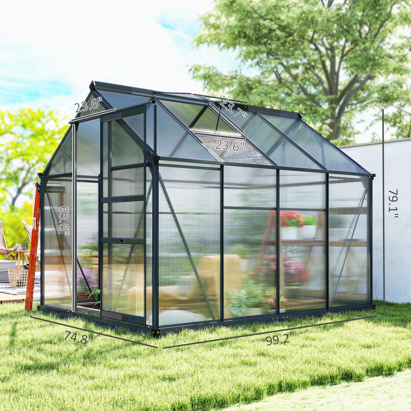 Outsunny 6' x 8' Greenhouse for Outdoors, Polycarbonate Greenhouse with Rain Gutter and Roof Vent, Aluminum Walk-in Green Houses with Push Door for Outside for Patio Backyard Garden, Gray