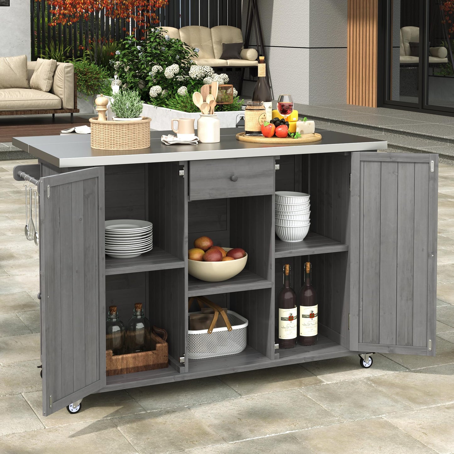 52.25" W Outdoor Grill Cart with Stainless Steel Tabletop, Patio Kitchen Island Storage Cabinet for BBQ, Bar