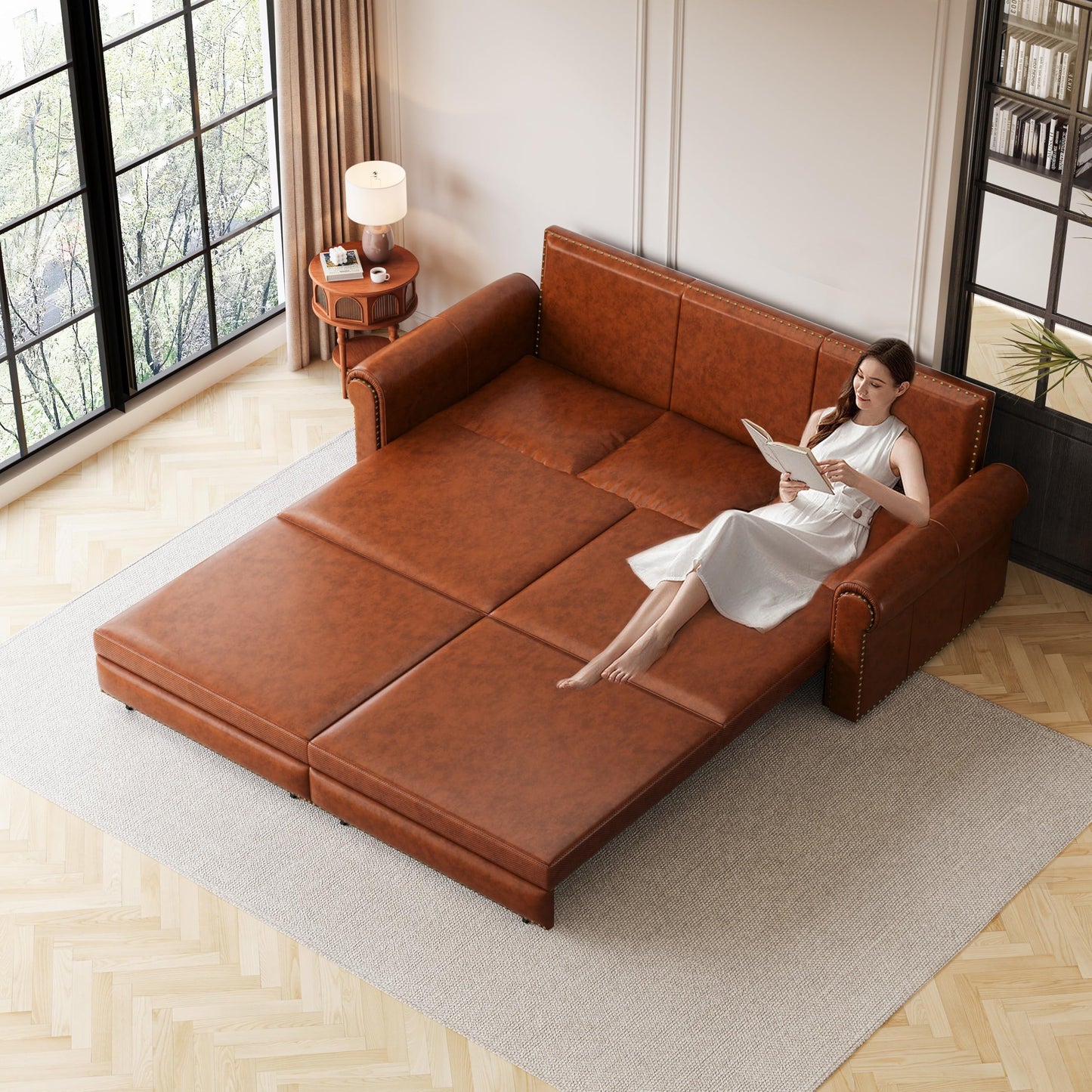 Ball & Cast 3-in-1 Convertible Sofa Bed,93.7" Faux Leather King Pull Out Couch Bed, Loveseat Sleeper Sofa with Nailhead Trim & Rolled Arm,Multi-Functional Sofa Couches for Living Room,Brown