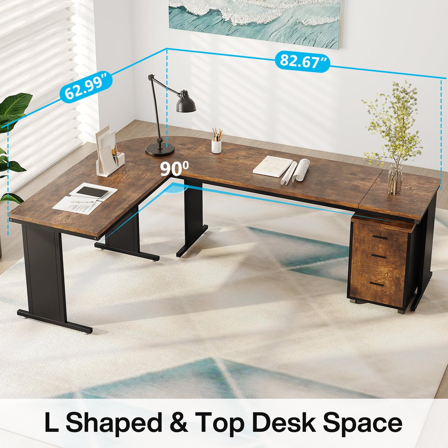 Tribesigns 83" L-Shaped Executive Desk, Large Office Desk with Drawers, Industrial Corner Computer Table with Rolling File Cabinet, Business Workstation for Home Office (Brown, 83 Inches)