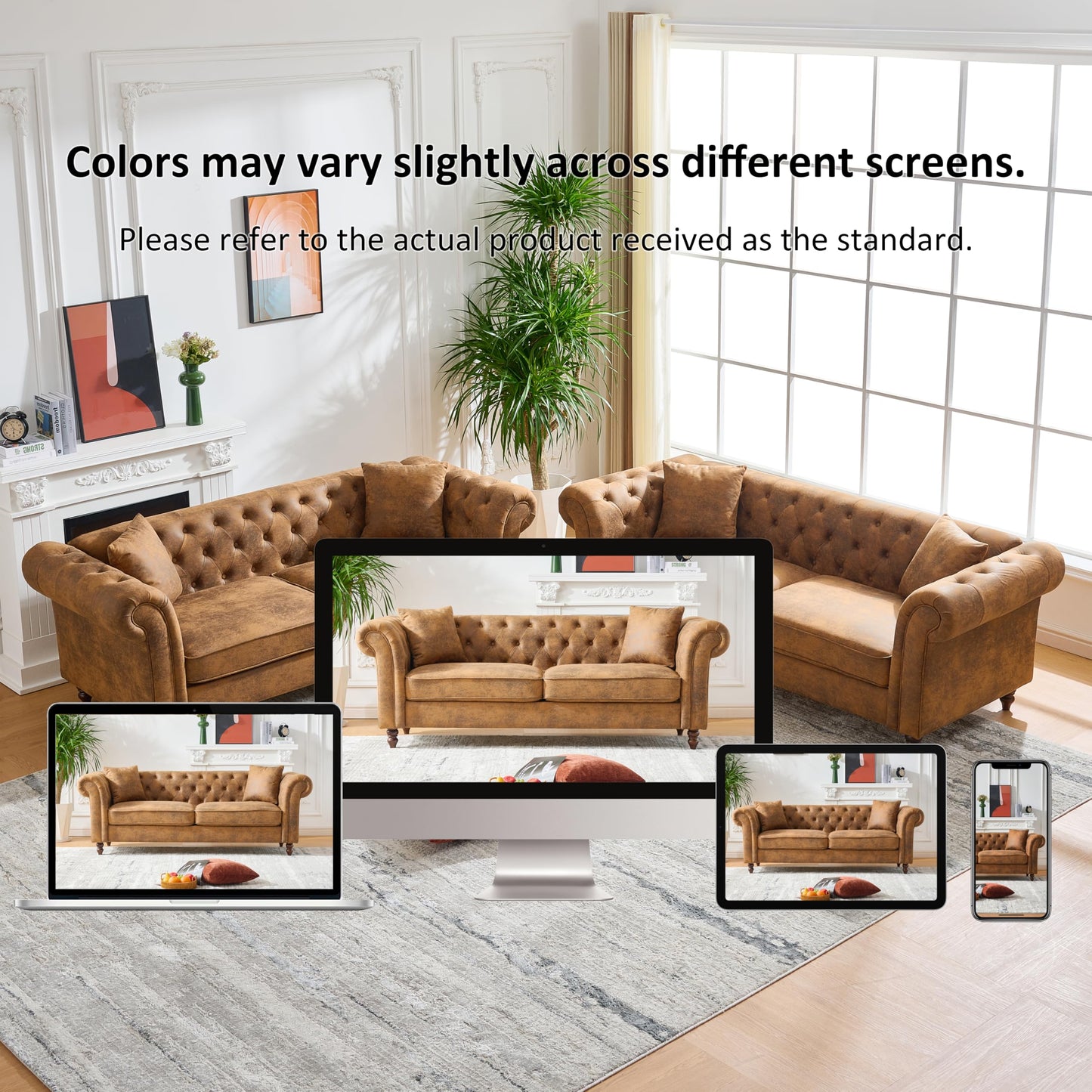 GDFStudio 81" Chesterfield Sofa Couch, 3 Seat Mid Century Modern Sofas & Couches, Fabric Upholstered Couch with Rolled Arms & Pillows, Modern Living Room Sofa for Apartment Office Home Seating, Brown