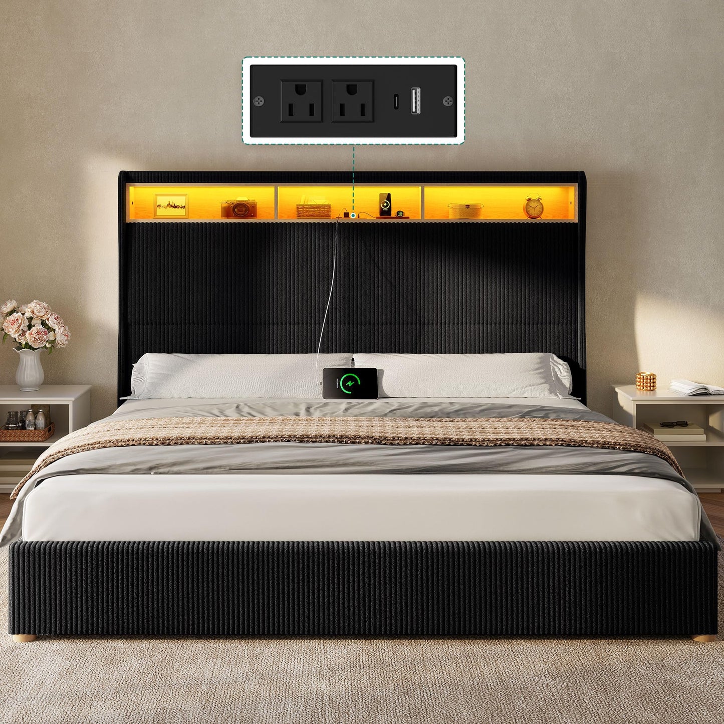 YITAHOME King Size Corduroy Upholstered Platform Bed Frame with Charging Station and RGB LED Lights, 53’’ Tall Storage Wingback Headboard, No Box Spring Needed, Easy Assembly, Noise-Free, Black