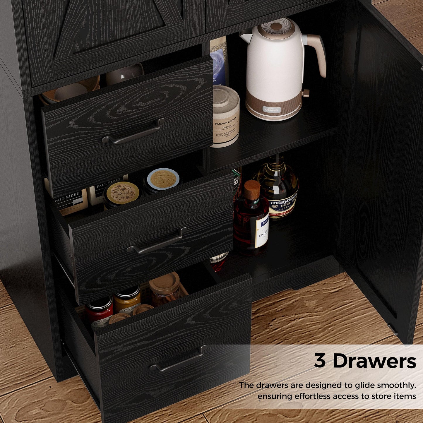 IRONCK Pantry Cabinet, 67.5 inch Tall Storage Cabinet with 3 Doors & Drawers, Farmhouse Kitchen Cabinet with Adjustable Shelves, 5 Tier Freestanding Cupboard for Kitchen, Black