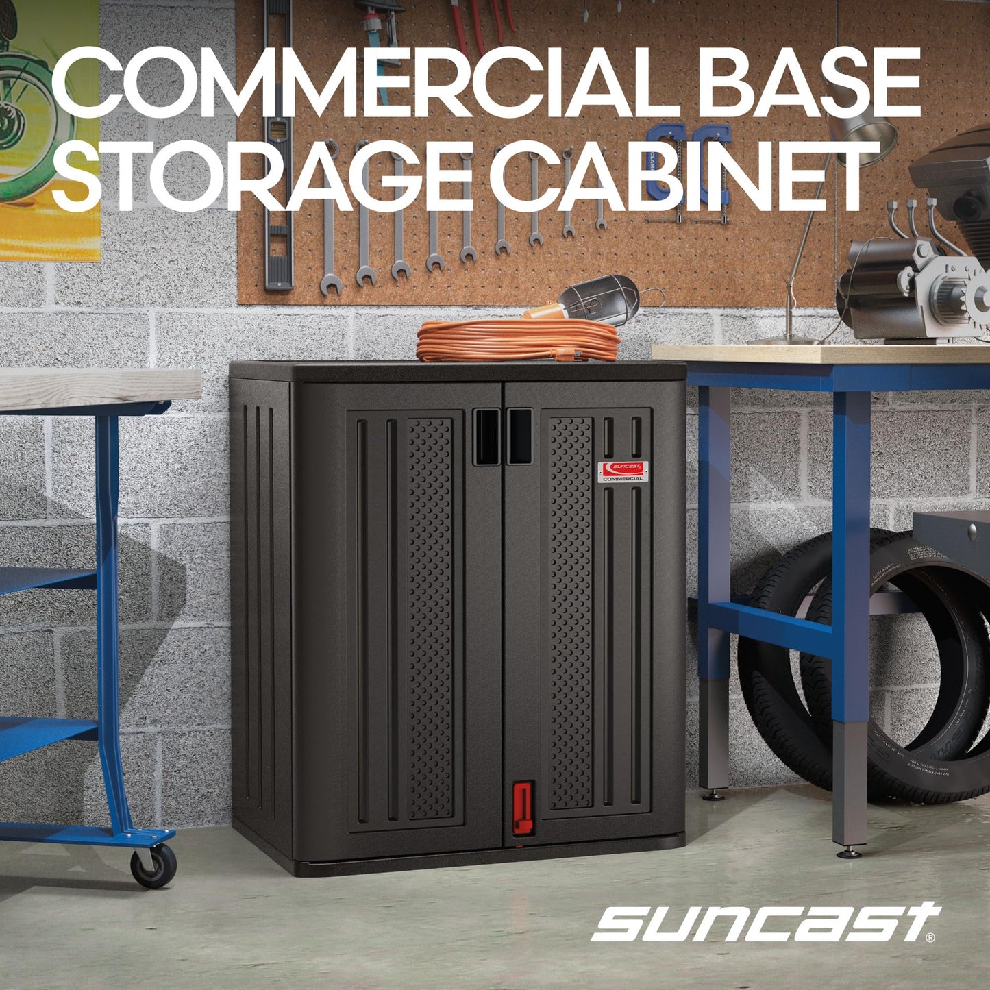 Suncast Heavy-Duty Resin Outdoor Storage Cabinet, 30" W x 20.25" D x 36" H Dark Grey Base Garage Storage Cabinet with Lockable Doors and Metal Reinforced Shelves, Made in the USA