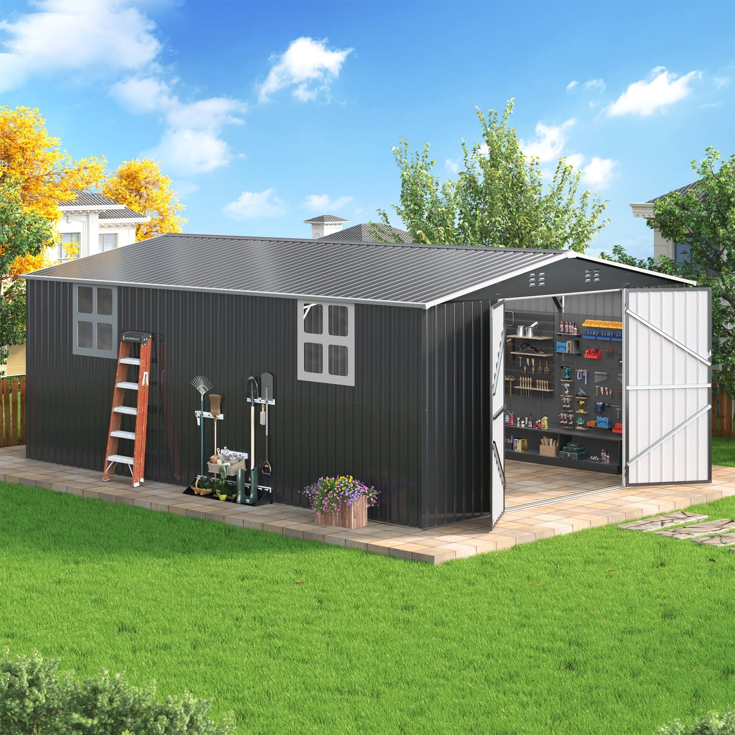 AirWire 12x18 FT Outdoor Storage Shed, Garden Shed with Updated Frame Structure and Lockable Doors, Metal Tool Sheds for Backyard Garden Patio Lawn,Black