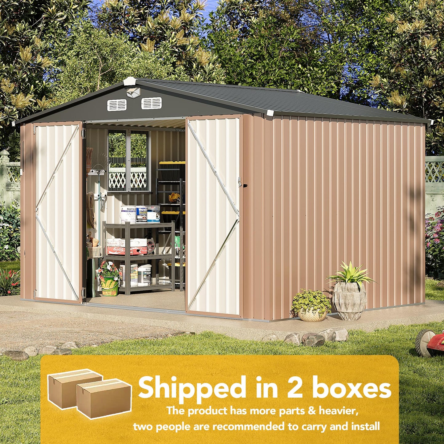 OneBlis 10x8FT Outdoor Storage Shed, Tool Shed with Sloping Roof and Lockable Door, Galvanized Metal Shed for Backyard Garden Patio Lawn, Brown