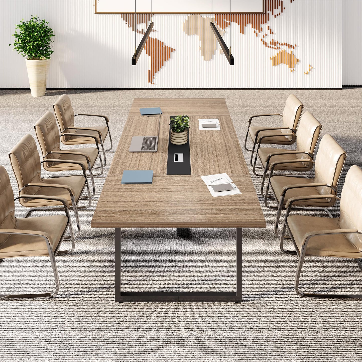 LITTLE TREE 8FT Conference Table for 10 People, Large Meeting Table, Modern Wooden Conference Room Table with Cable Management, Business Training Table with Strong Metal Legs for Office, Maple Color