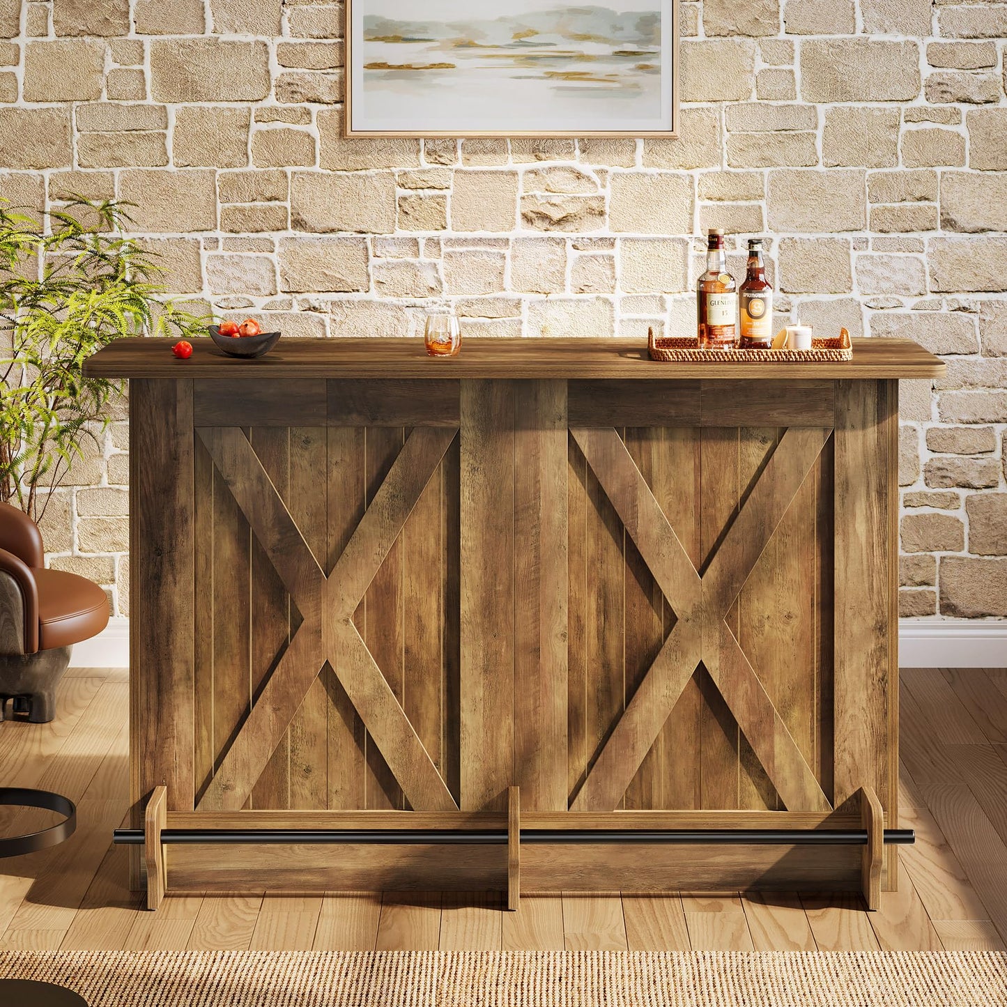 Tribesigns 63-Inch Bar Table, 2-Tier Bar Cabinet Height Pub Table with Footrest, Modern Coffee Cabinet for Home Kitchen, Large Home Unit Liquor Furniture, Bistro, Dining Room, Living Room (1, Brown)