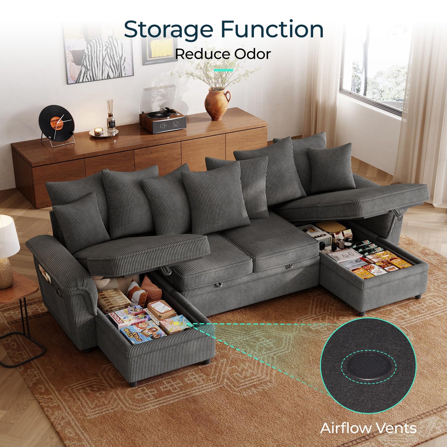 LINSY HOME Oversized Sectional Sleeper Sofa with Pull Out Couch Bed (Gray, 118.5'')
