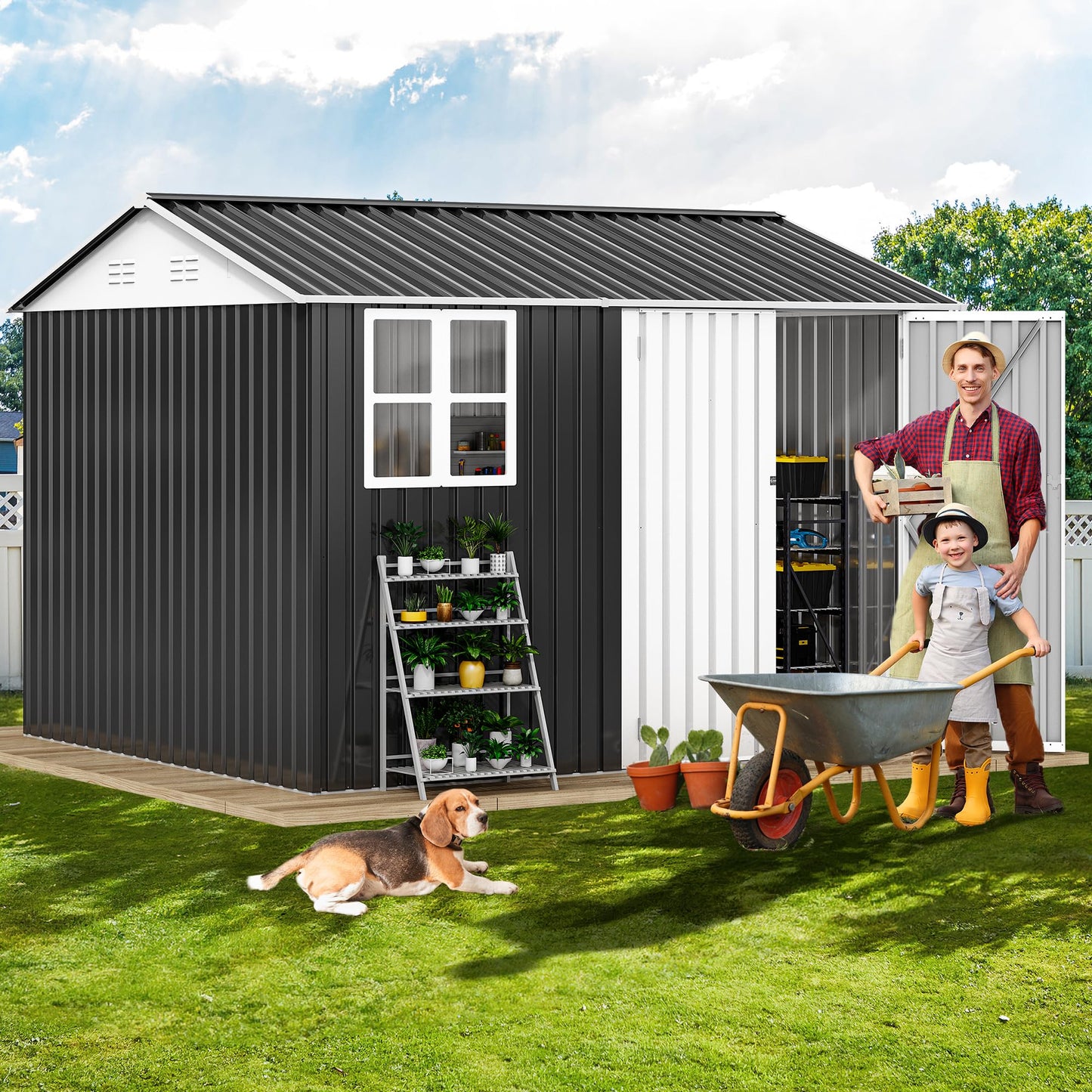 DWVO 10' x 8' Outdoor Storage Shed, Waterproof Metal Garden Shed with Windows, Lockable Doors, and Sloped Roof for Patio, Backyard, Lawn, Tool Storage, Bike Shed, Pet Shelter (Gray + White)