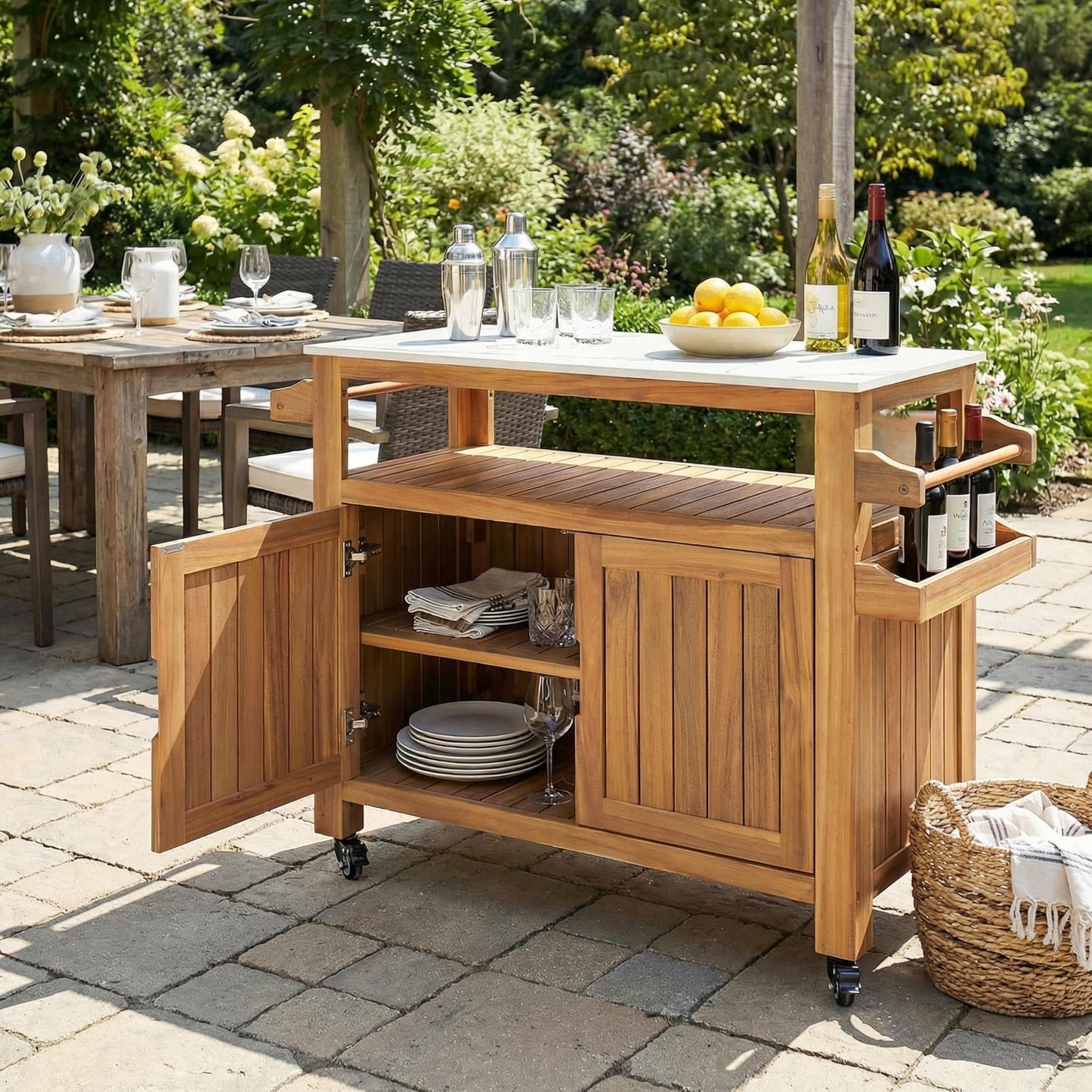 Christopher Knight Home Shina Outdoor Bar Cart with Marble-Effect Top and Lockable Wheels, Acacia Wood Outdoor Storage Cabinet with Three-Tier Slatted Shelves, Kitchen Island Serving Cart, Natural