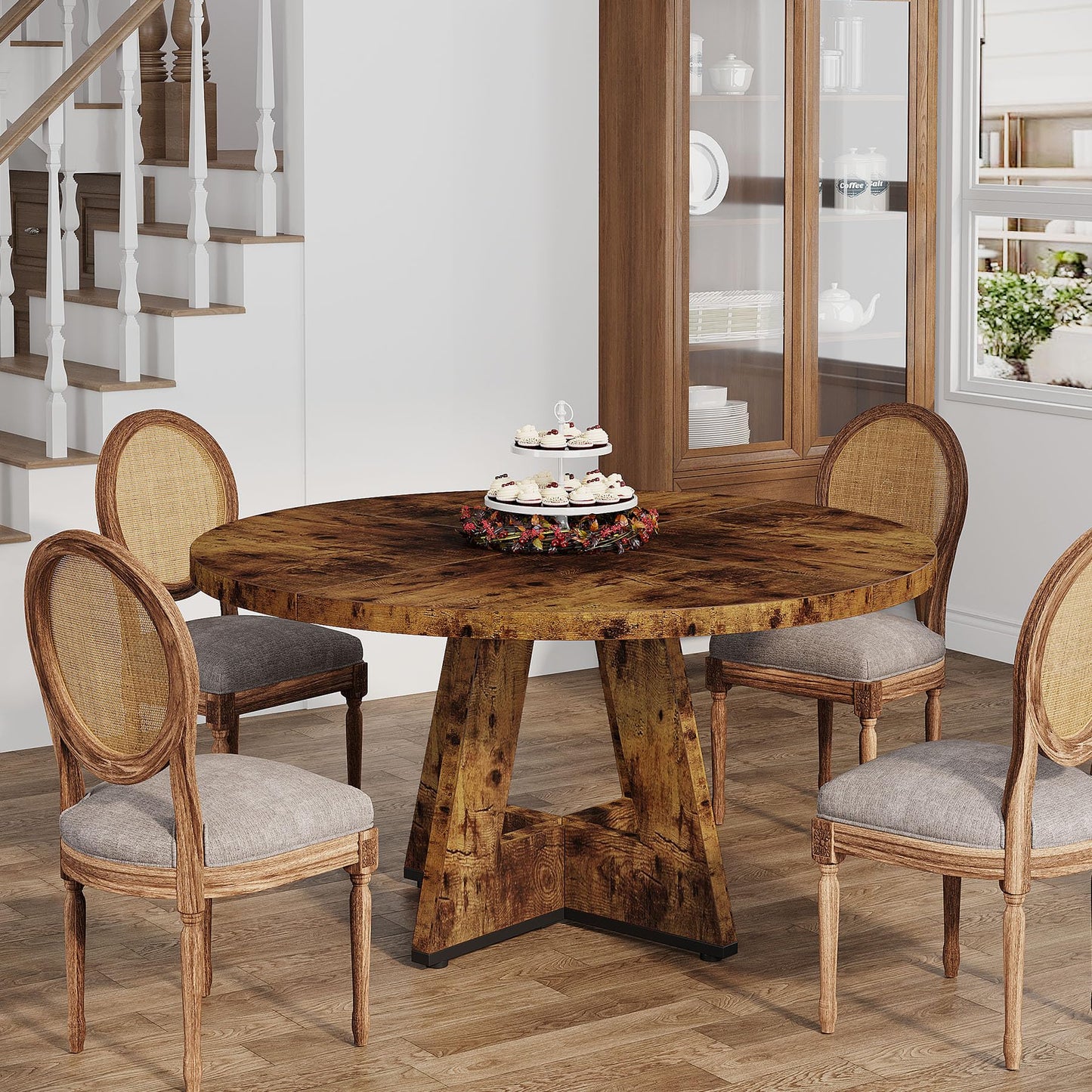 Tribesigns 47 inch Round Dining Table Wood Kitchen Table for Dining Room, 47" Dinner Room Tables for 4-6, Farmhouse Accent Furniture with Wooden Tabletop and Cross Base, Vintage