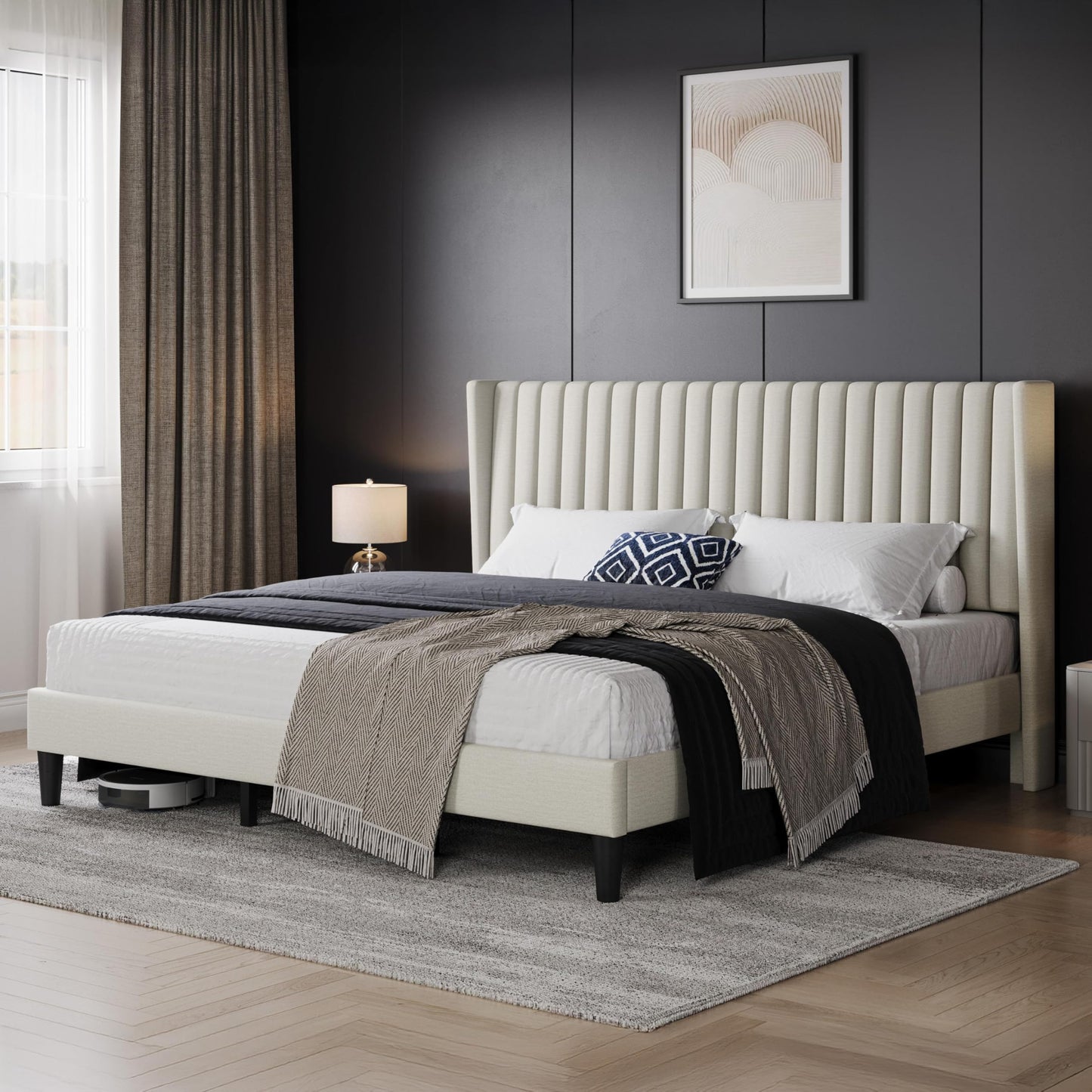 Yaheetech King Bed Frame Upholstered Platform Bed with Fabric Headboard, Wing Edge Design/Non-Slip and Noise-Free/Wooden Slats Support/No Box Spring Needed/Easy Assembly, Beige King Bed