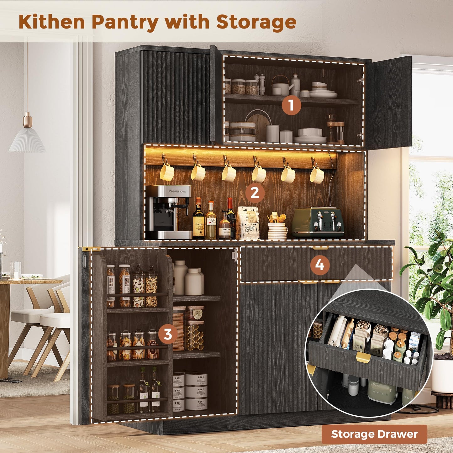 Fluted Kitchen Pantry Storage Cabinet with Charging Station/LED Light/Drawer/Doors/Shelves, 71'' Tall Kitchen Food Hutch with Microwave Stand for Dining Room Living Room (Black, 41 * 15.7 * 71)