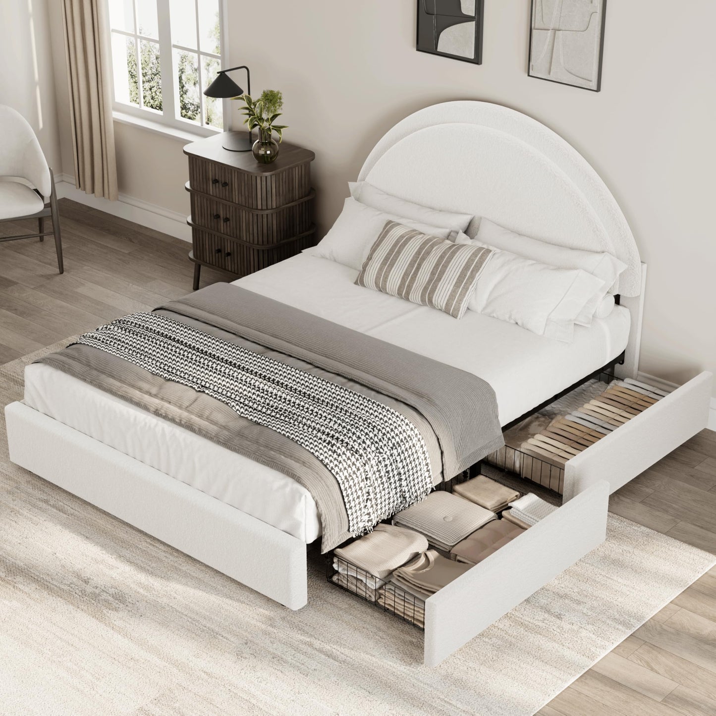 PeacefulHues Full Size Bed Frame with Storage Drawers, Upholstered Boucle Platform Bed with Round Headboard, No Box Spring Need, Sturdy Metal Slats Support, Easy Assembly, White