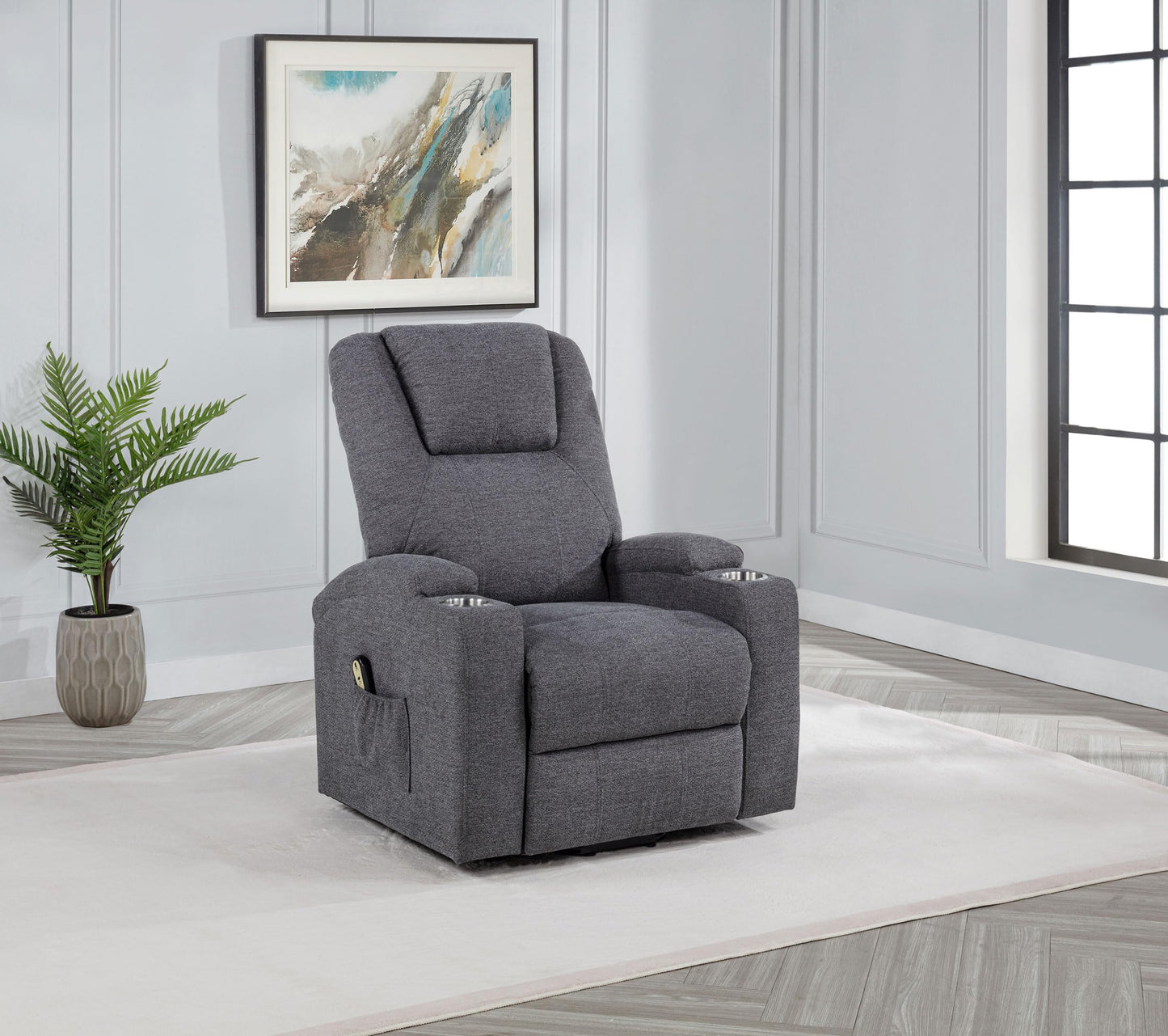 Coaster Home Furnishings - Louie - Power Lift Massage Recliner with Pocket Coil Seat, Pillow-Top Arms, Transitional Style, Dual Cup Holders and Side Storage Pockets - Living Room - Dark Grey - 610453P