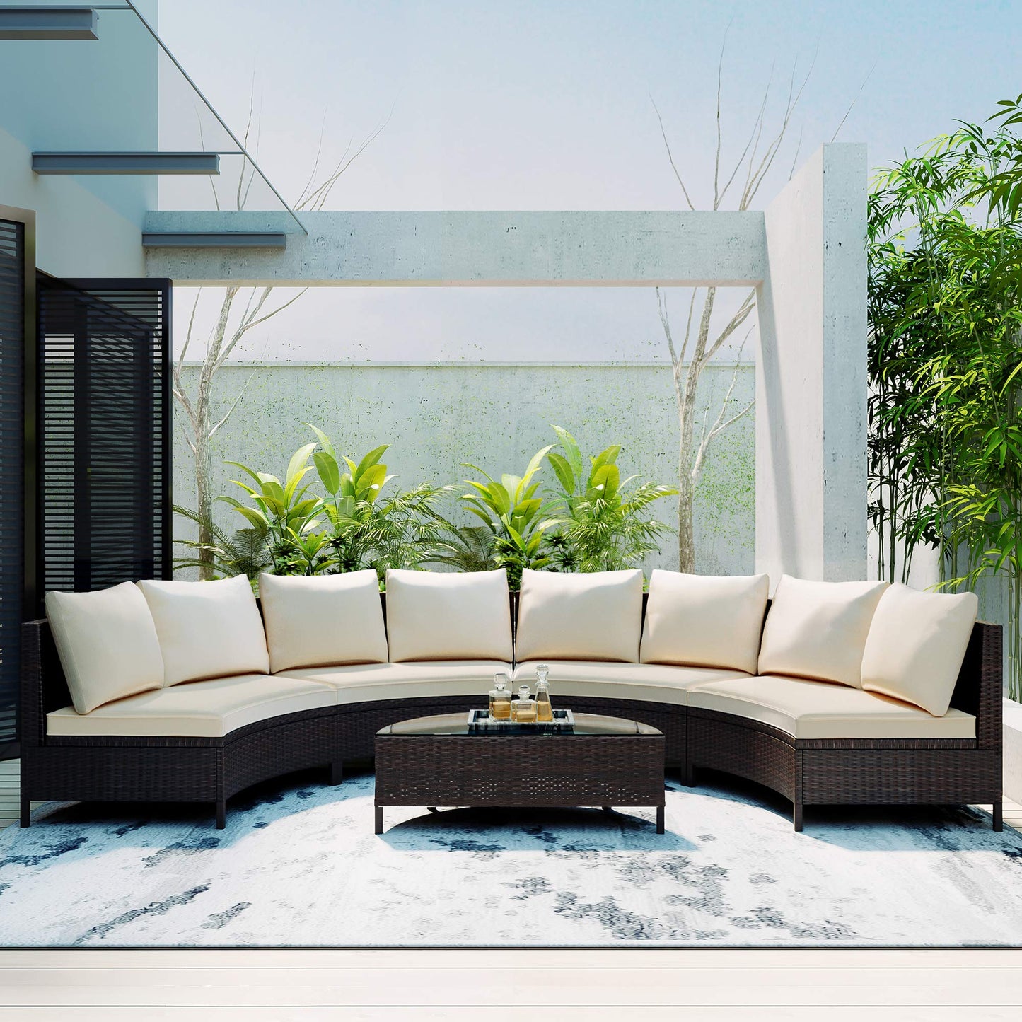 GDFStudio Marlen Patio 5-Piece Conversation Set, Outdoor Half Moon Sectional Sofa Set with Tempered Glass Coffee Table and Removable Cushions, All Weather PE Wicker Modular Sectional Sofa Set, Beige