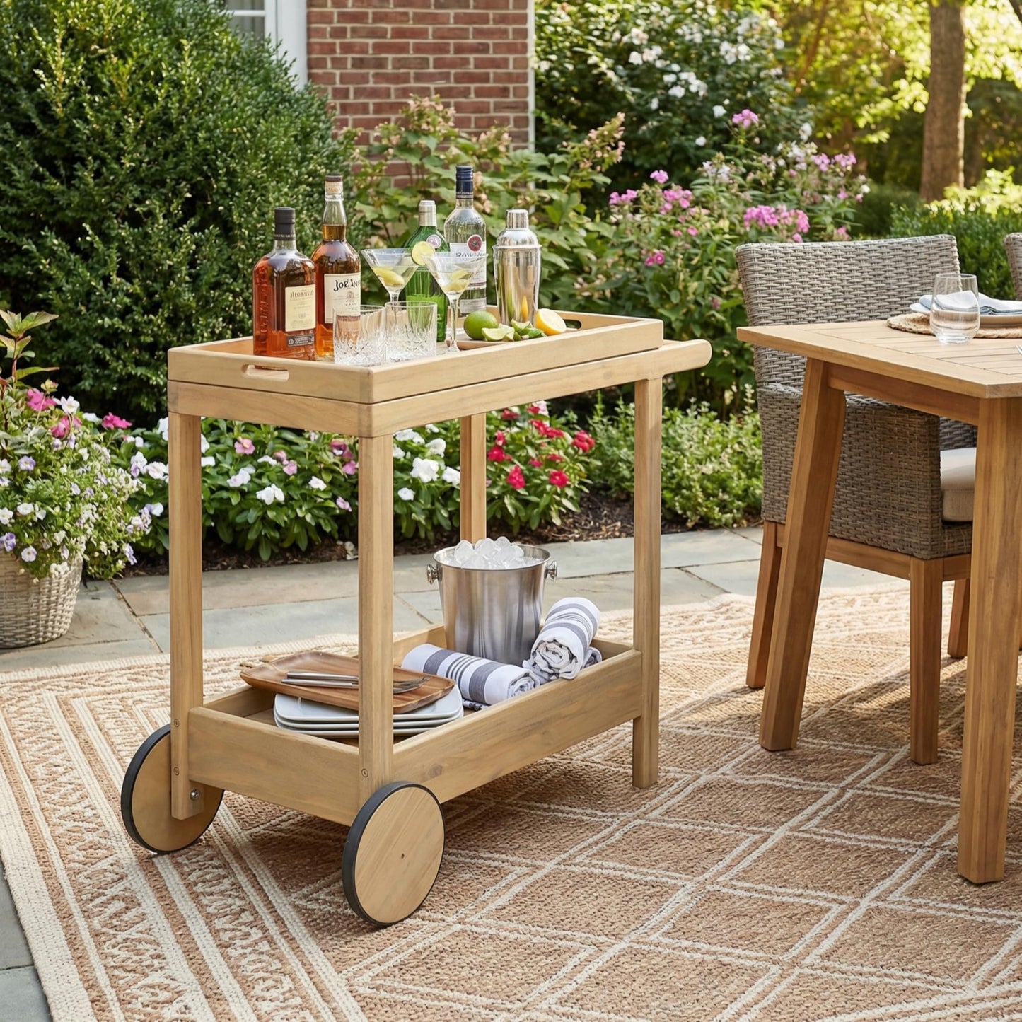 Christopher Knight Home Sara Acacia Wood Outdoor Bar Cart with Wheels, Rolling Kitchen Cart with Tray, Rolling Serving Cart for Patio, Deck & Backyard, Natural Wood