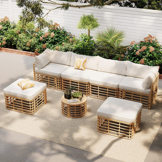 7 Pieces Outdoor Patio Rattan Sectional Sofa Set, Beige All-Weather Wicker Conversation Furniture with Thick Cushions, Modular Garden Seating, Freely Combined Lounge Set with Round Coffee Table
