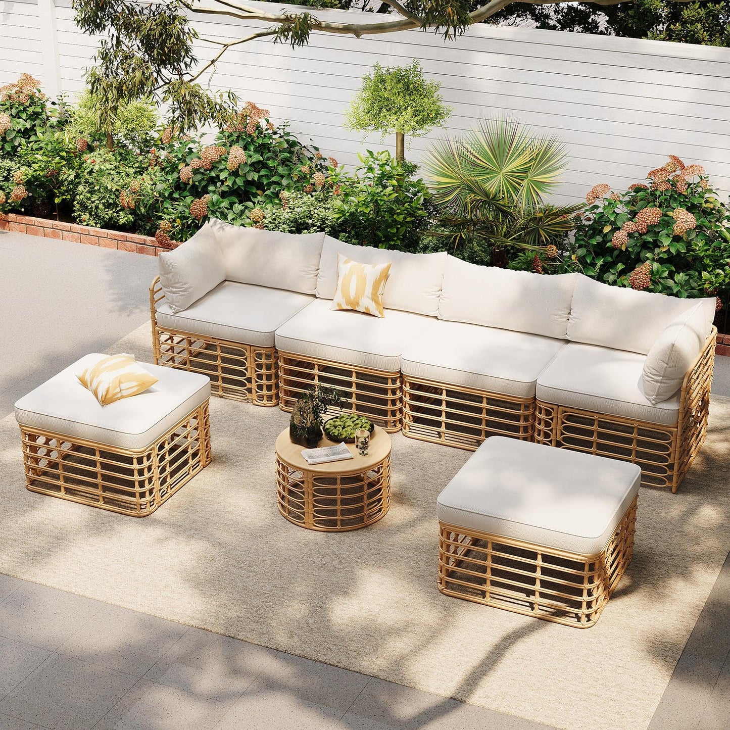 Merax 7 Pieces Rattan Outdoor Patio Furniture Set, All-Weather Sectional Sofa Set with Thick Cushions and Pillows, Freely Combined Conversation Sets for Garden Backyard Balcony (Beige)