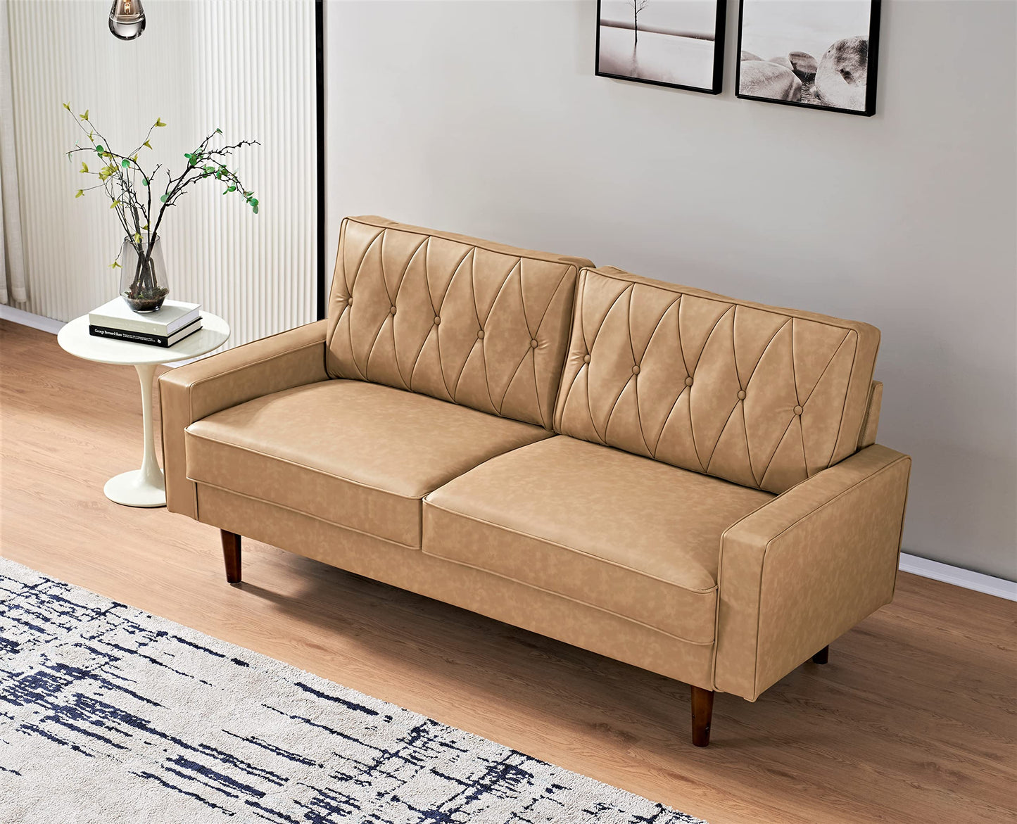 Container Furniture Modern Style Faux Leather Sofa with Elegant Round Tapered Legs and Button Tufted Backrest Perfect for Living Room, Bedroom or Home Office, 69.3’’ Wide, Camel