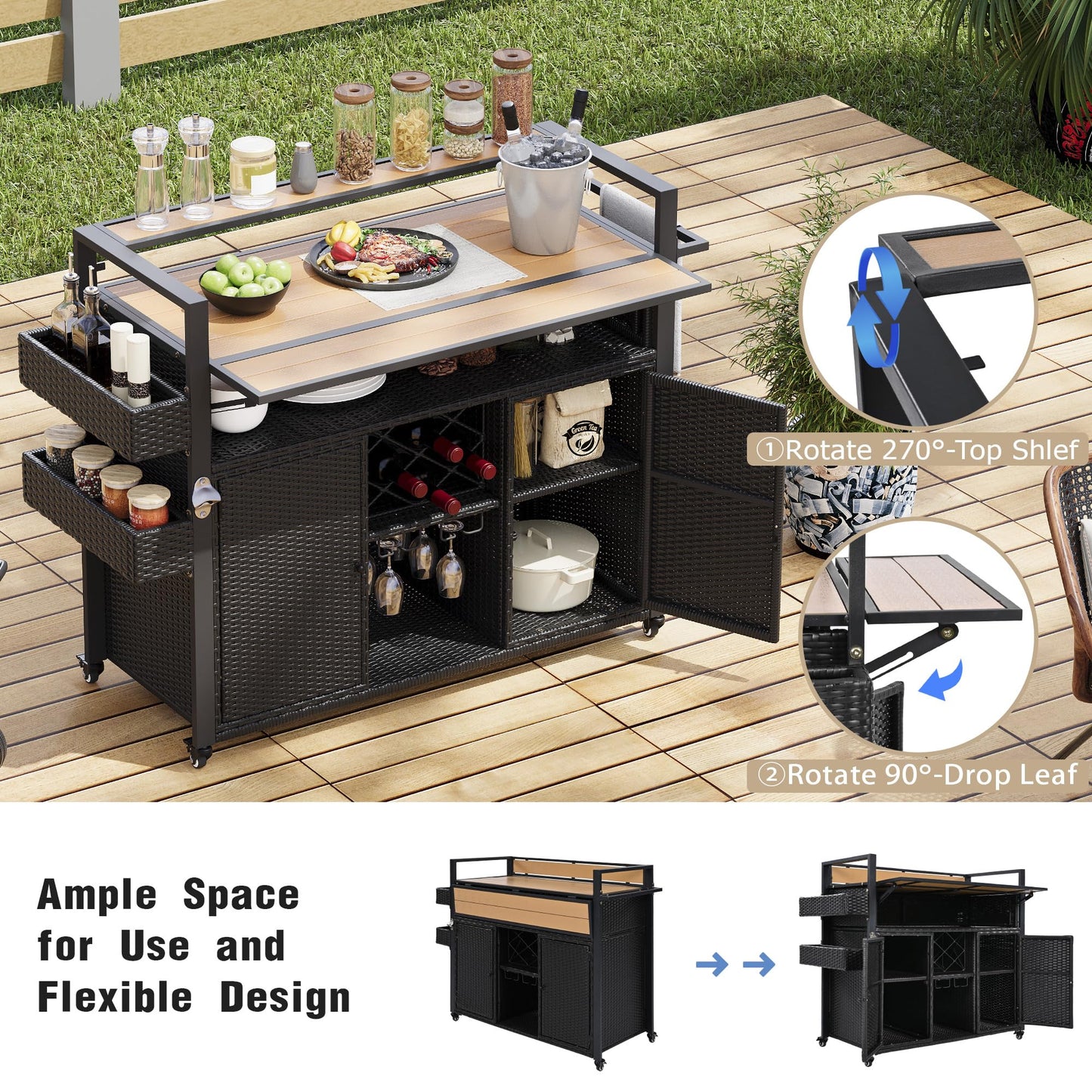 Merax 52.8"W Wicker Outdoor Grill Cart with Extended Plastic Wood Table Top, Rolling Kitchen Island on Wheels with Storage Cabinet for Patio Backyard Garden Poolside, Double Handle Design, Black Brown