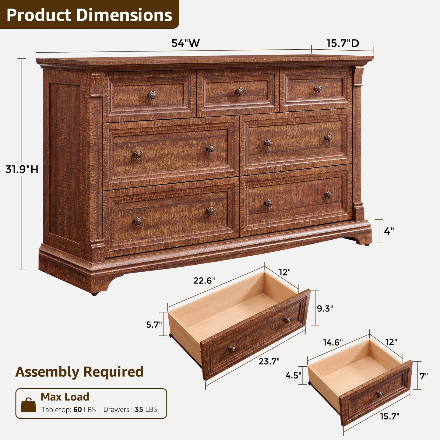 T4TREAM Farmhouse 7 Drawers Dresser for Bedroom, 54" Wide Wood Rustic Chest of Drawers w/Roman Column, Wooden Storage Dressers Organizer for Bedroom, Living Room, Closet, Reclaimed Barnwood