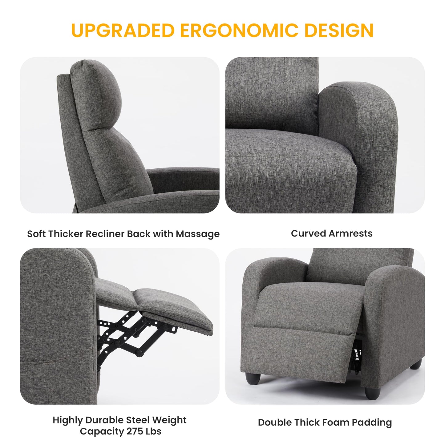 HealSmart Adjustable Push Back Massage Recliner Chair, Soft Fabric Lounge Sofa for Reading & Relaxing, Perfect Home Theater Chair for Living Room & Bedroom, Grey