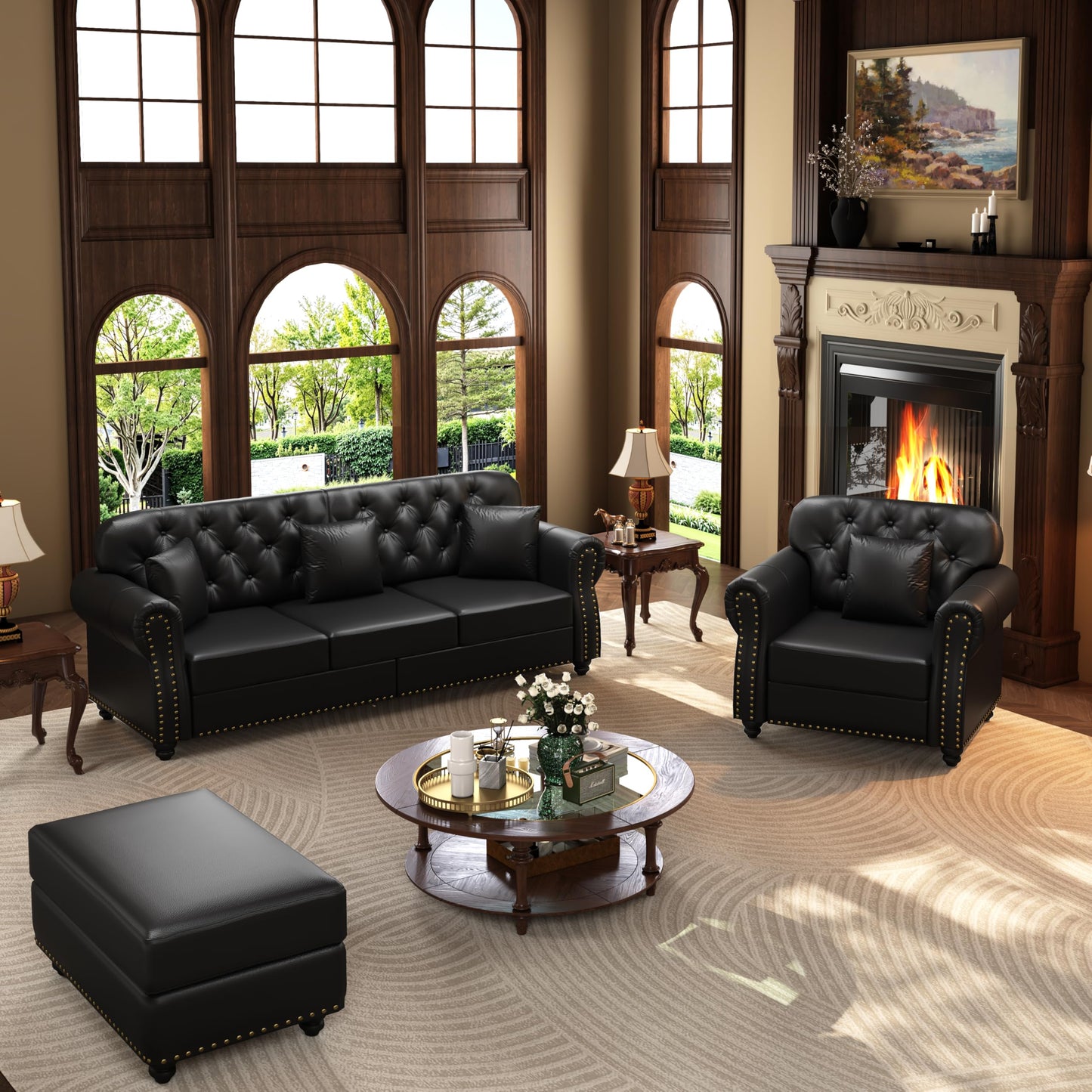 KEIKI 2-Piece Chesterfield Sofa Set with 1 Faux Leather 3-Seater Sofa & 1 Single Sofa, Upholstered 4-Seater Couch Set with Nailhead Trim & Rolled Arms & 1 Ottoman & 4 Pillow, for Living Room, Black